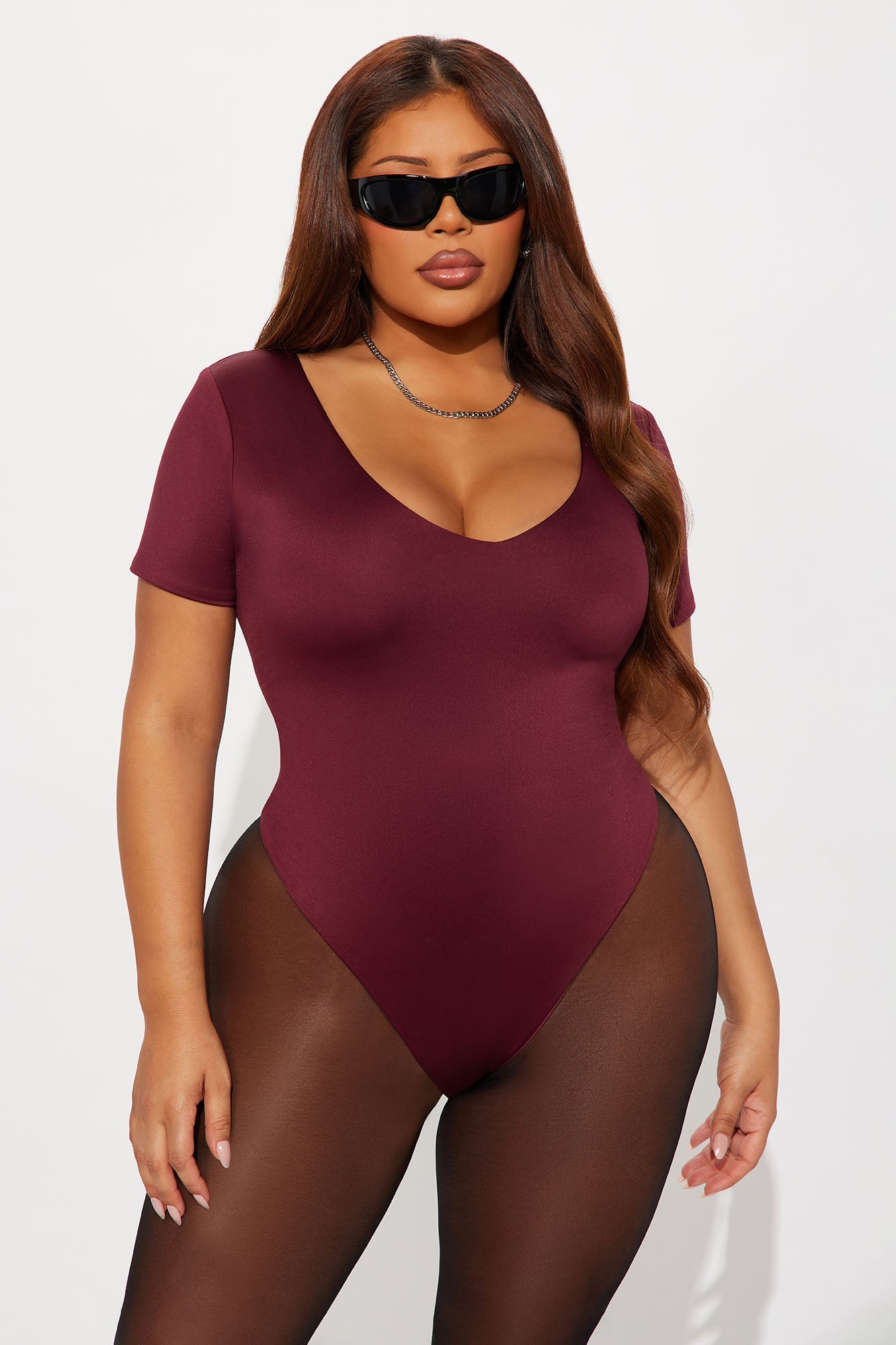 Contour Double Lined Short Sleeve High Cut Bodysuit - Wine