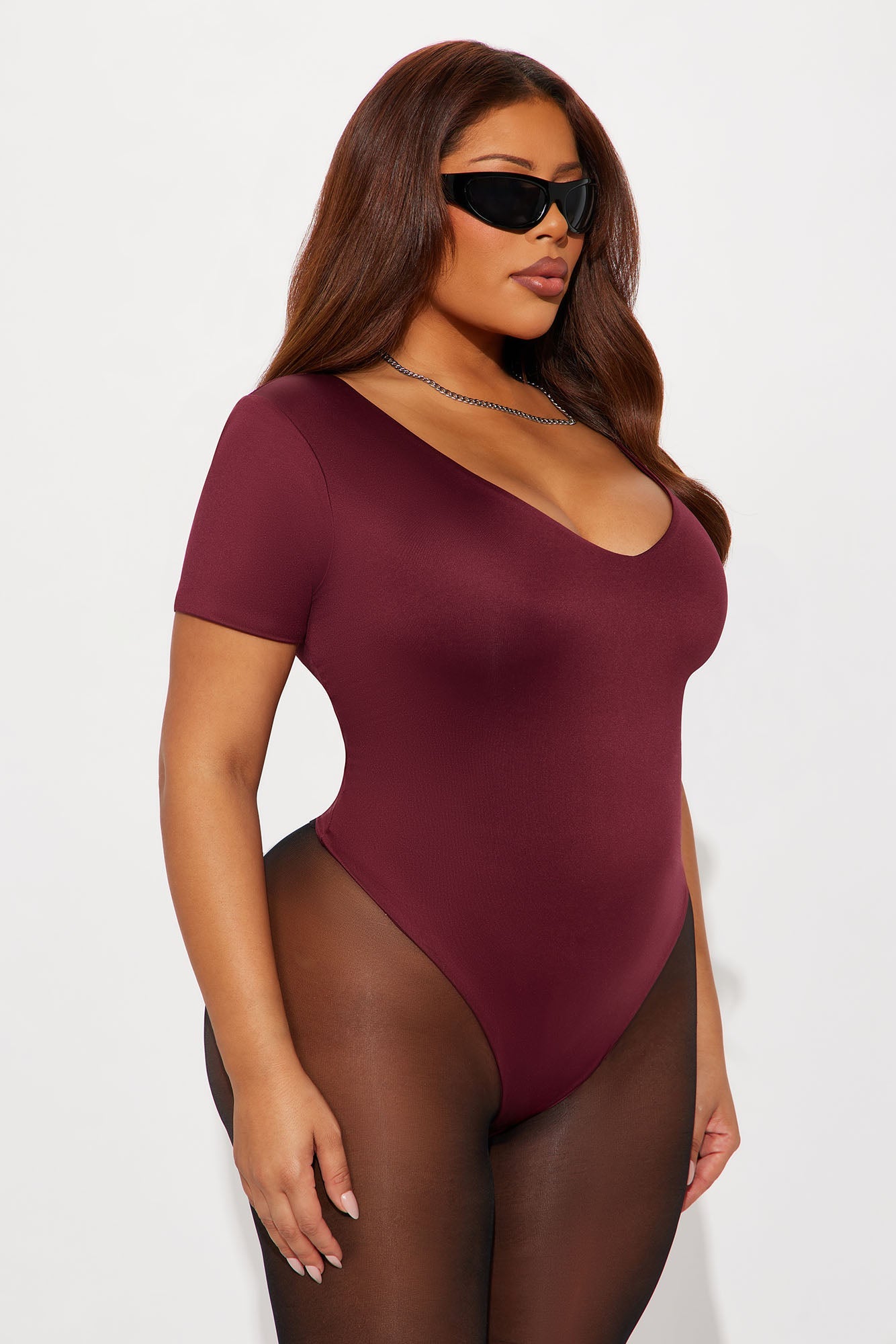 Contour Double Lined Short Sleeve High Cut Bodysuit - Wine