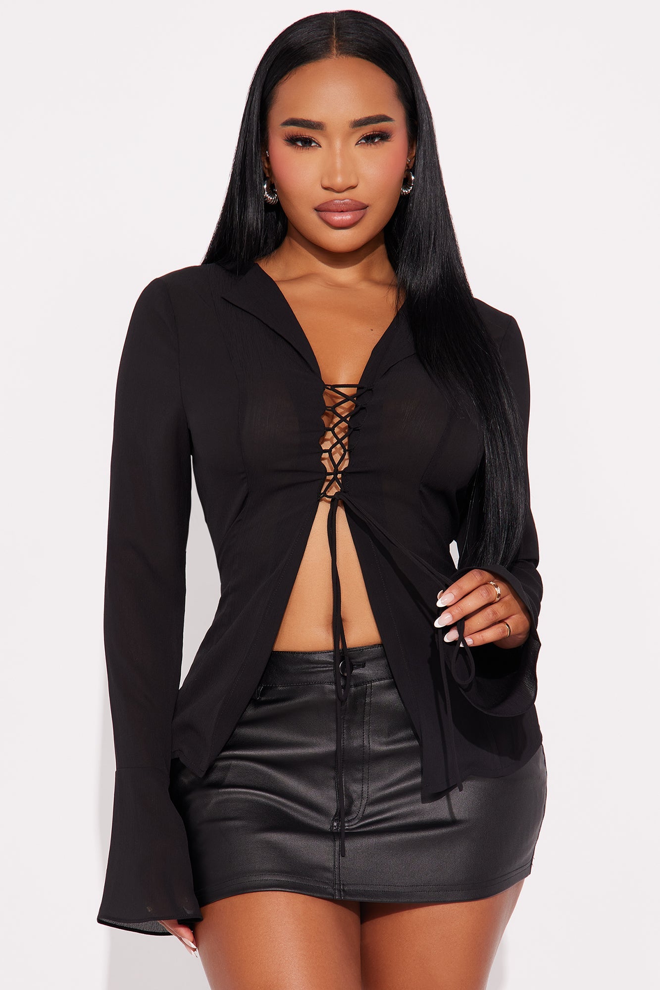 Count Me Out Lace Up Chiffon Blouse - Black