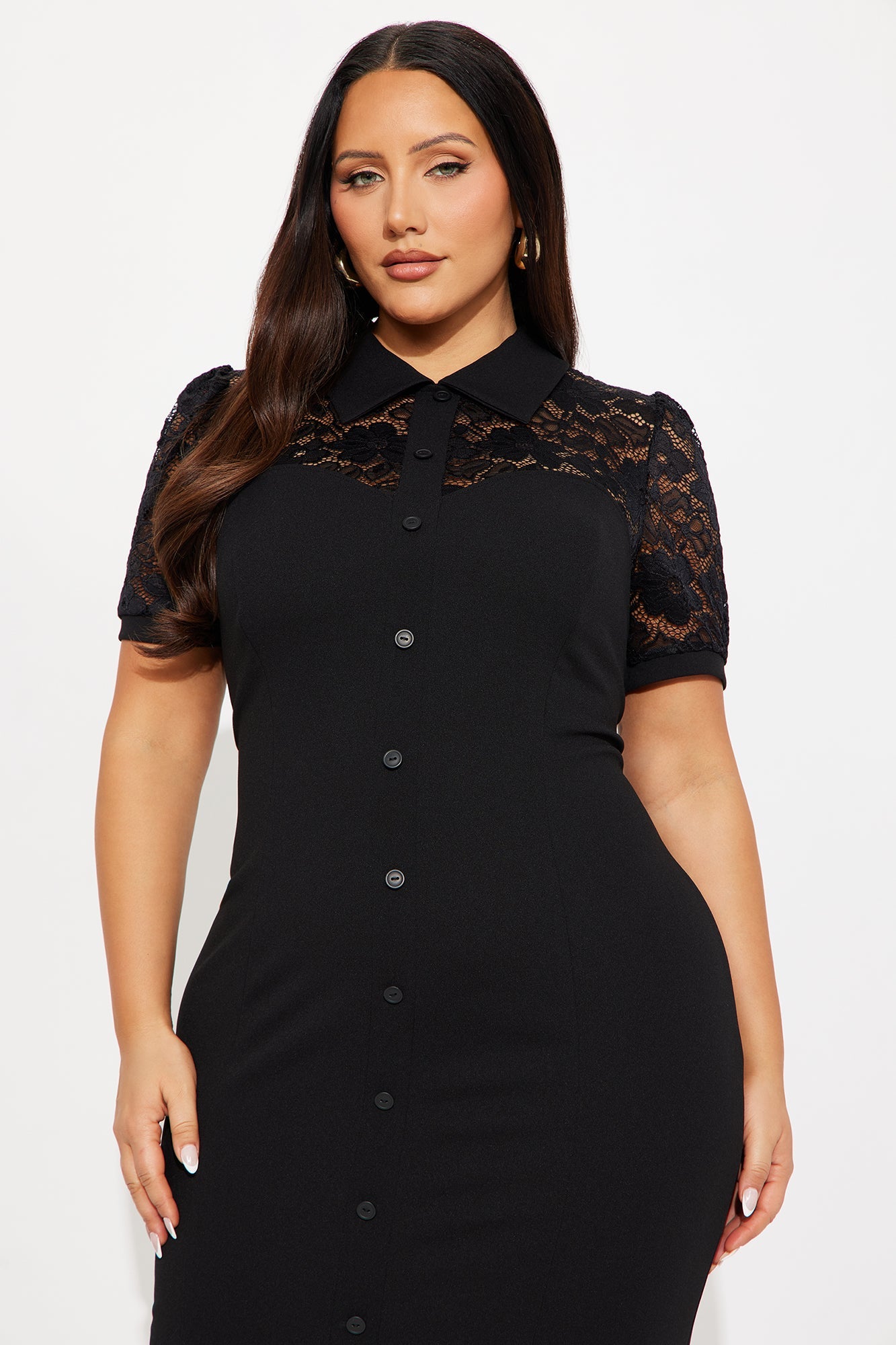 Helena Lace Short Sleeve Midi Dress - Black