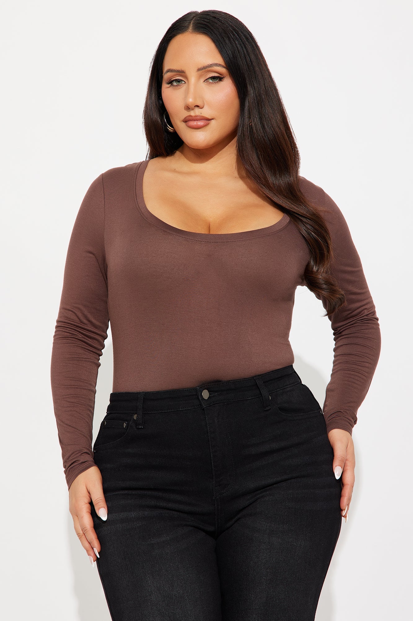 Marlene Scoop Neck Long Sleeve Bodysuit - Chocolate
