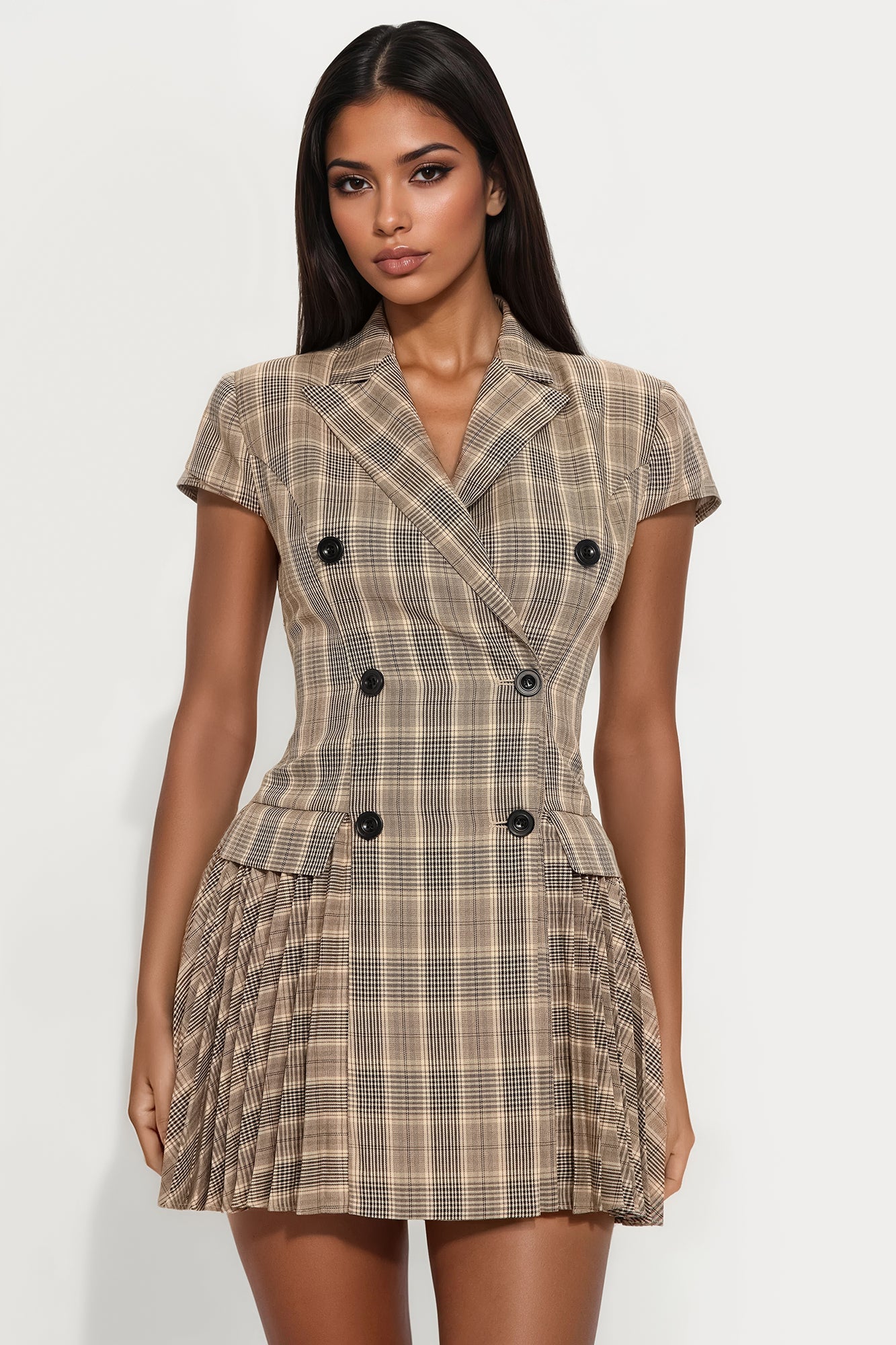 Eloise Short Sleeve Plaid Mini Dress - Brown Combo