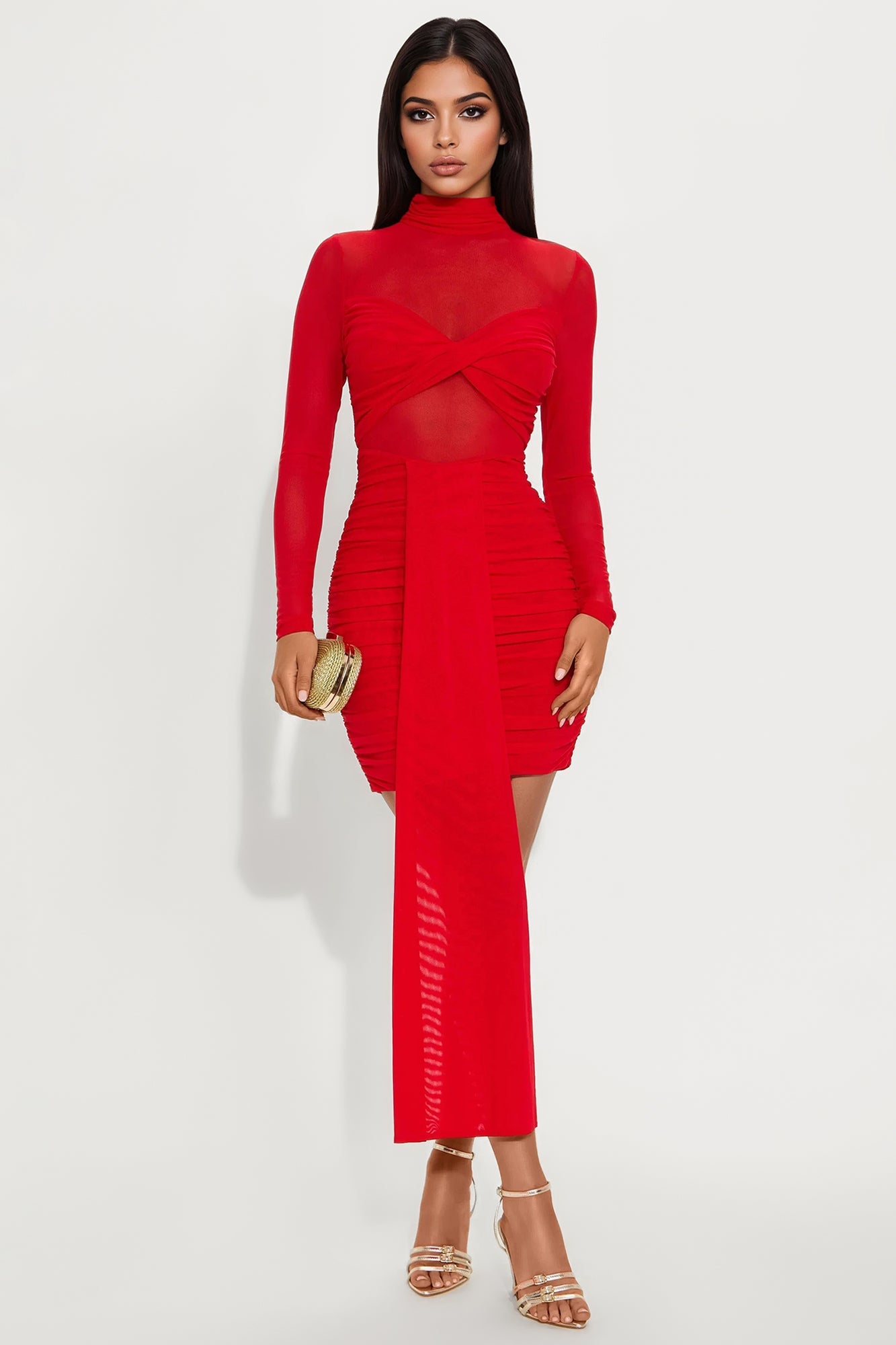 Everly Sheer Mock Neck Mini Dress - Red