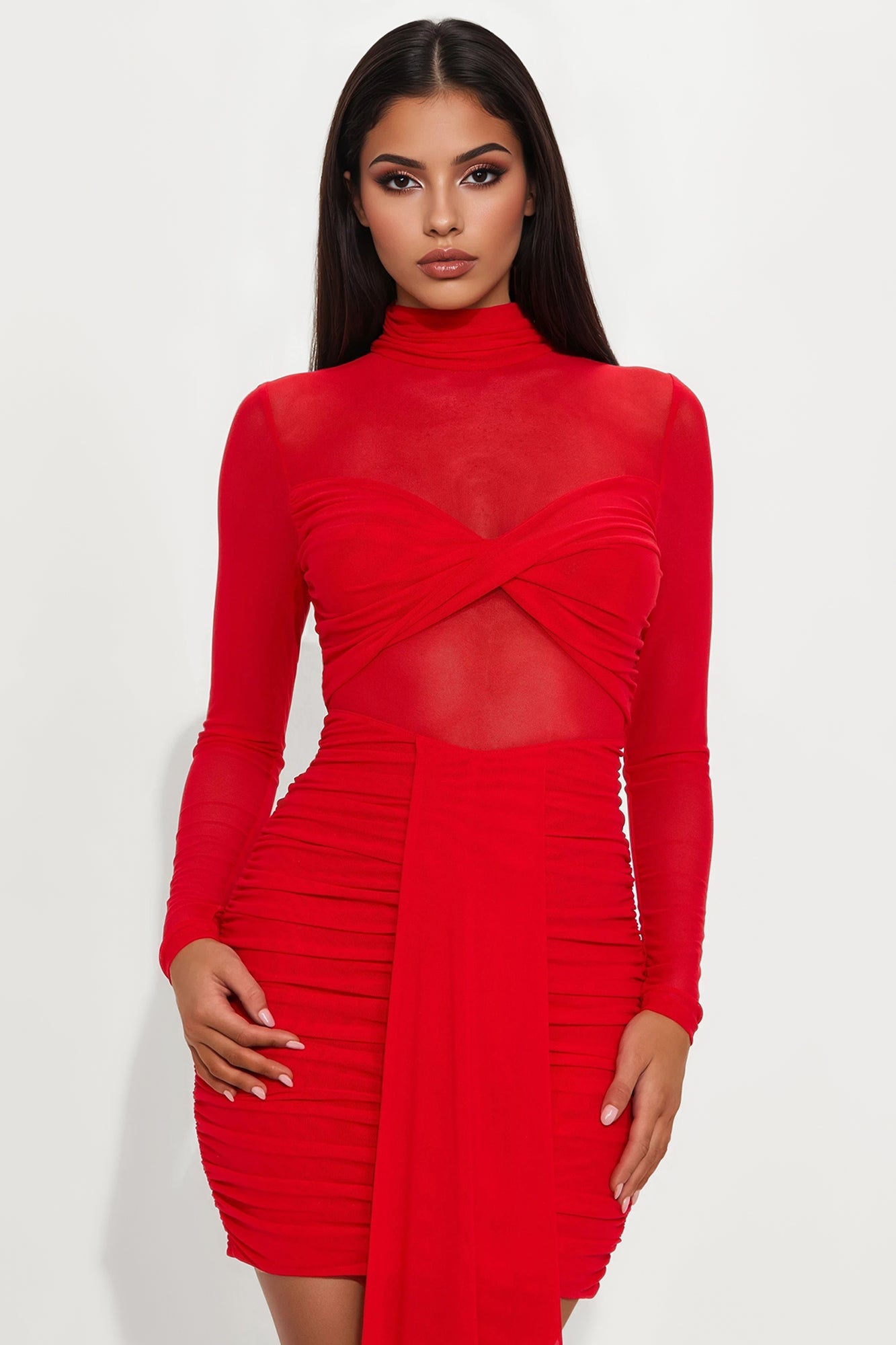 Everly Sheer Mock Neck Mini Dress - Red