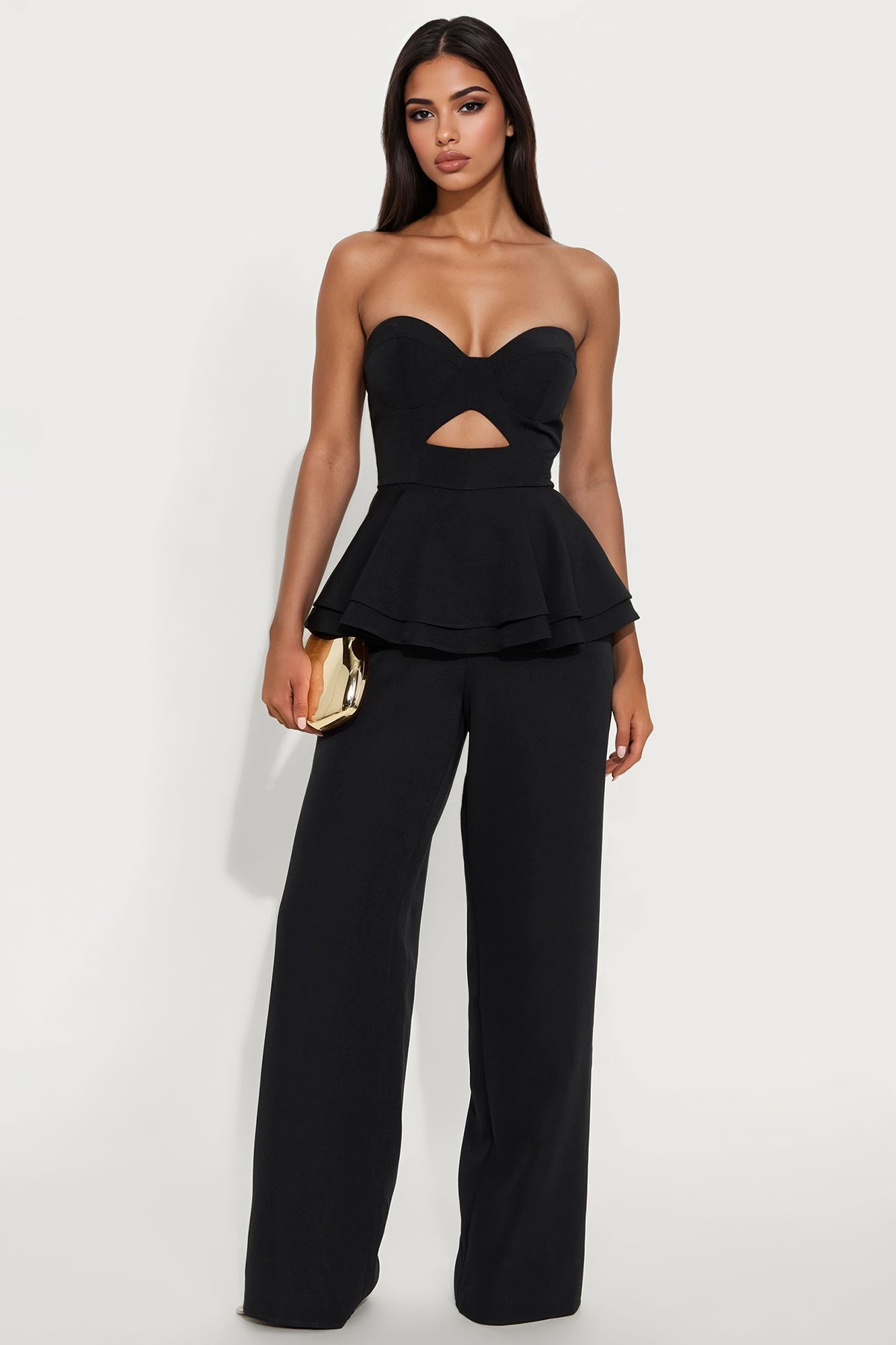 Angelica Peplum Wide Leg Jumpsuit - Black