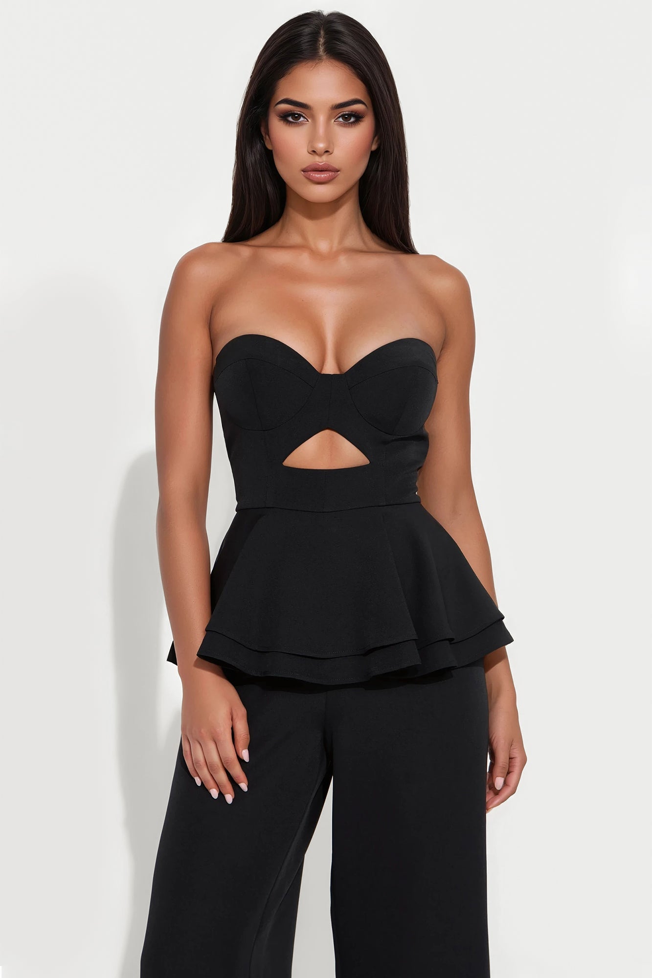 Angelica Peplum Wide Leg Jumpsuit - Black
