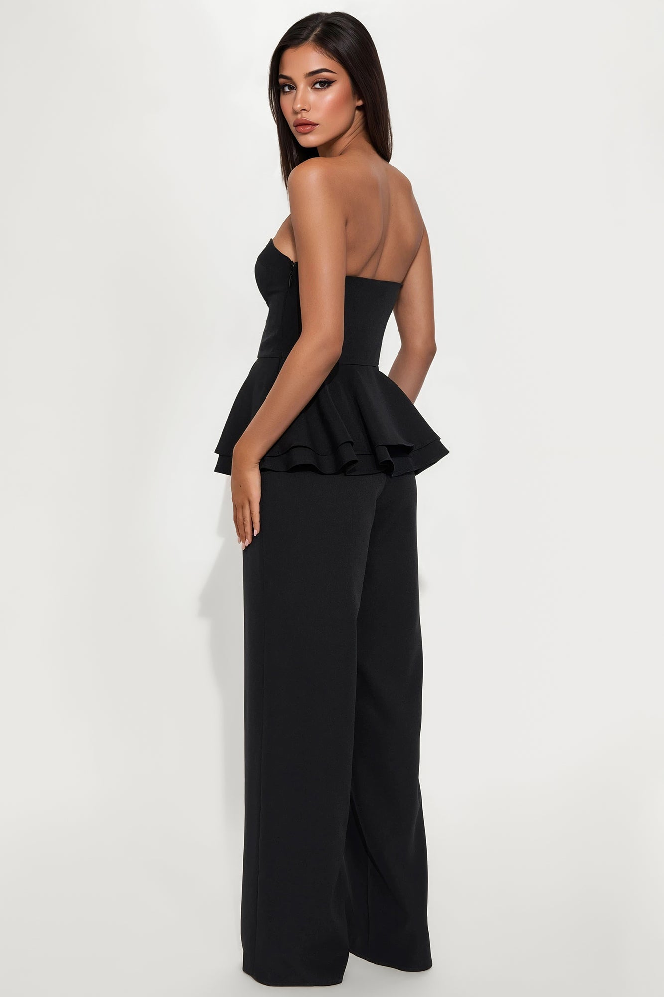 Angelica Peplum Wide Leg Jumpsuit - Black