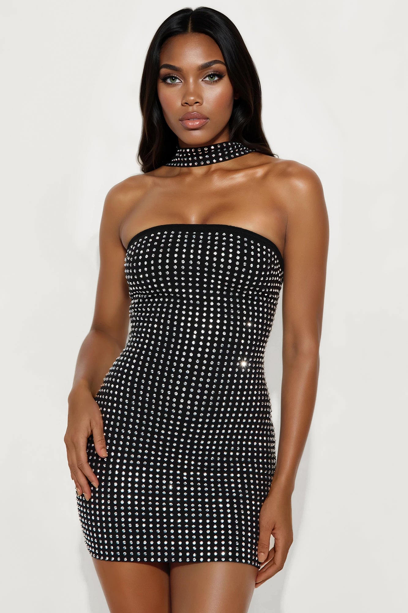 Leila Rhinestone Mini Dress - Black