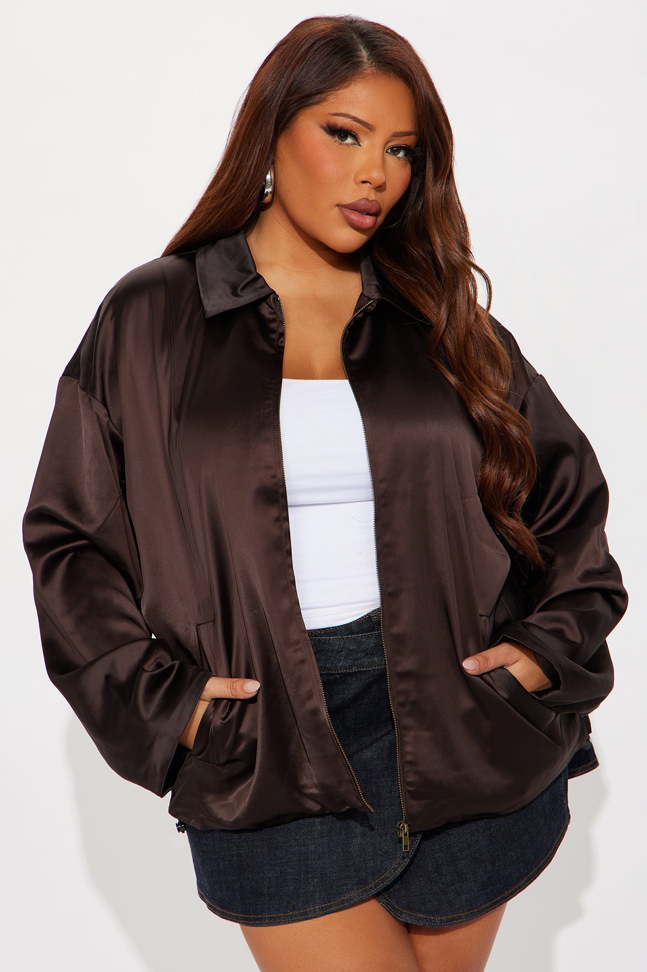 Gia Oversized Satin Bomber Jacket - Chocolate