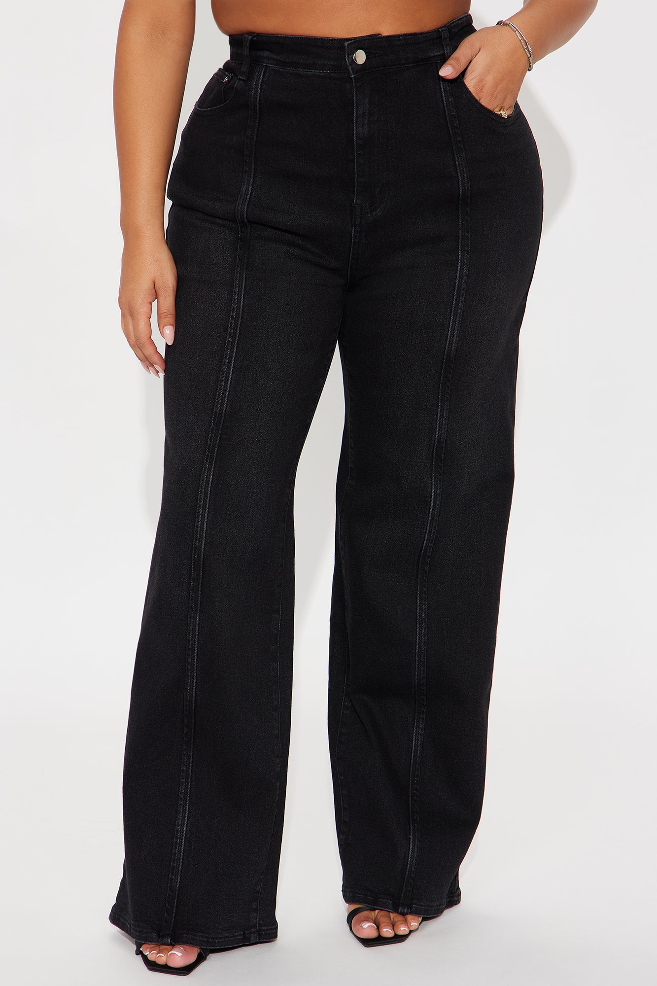 Pintucked Straight Leg Jeans - Black Wash