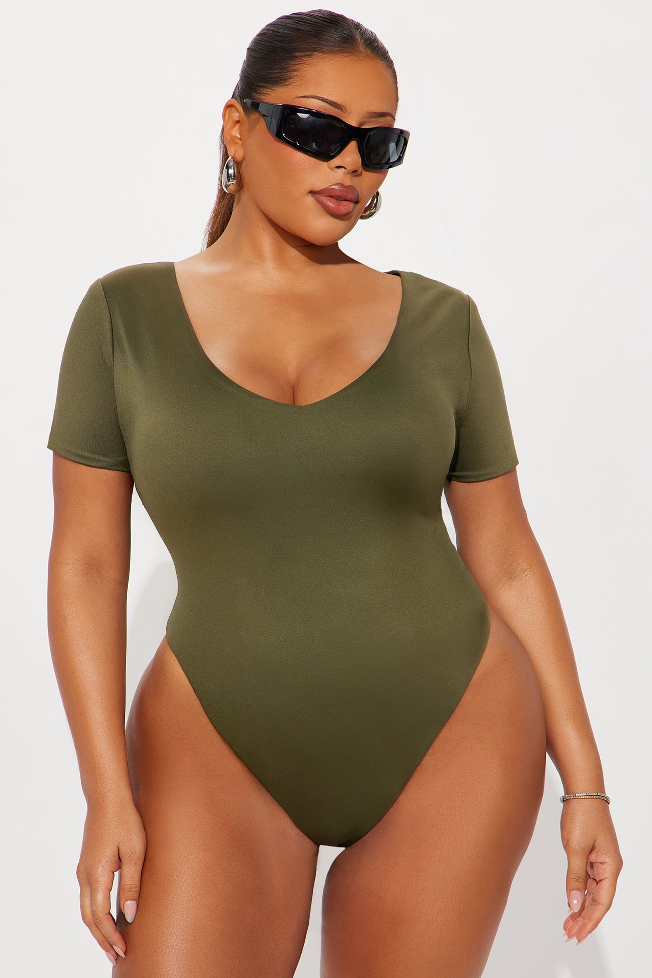 Contour Double Lined Short Sleeve High Cut Bodysuit - Military Green