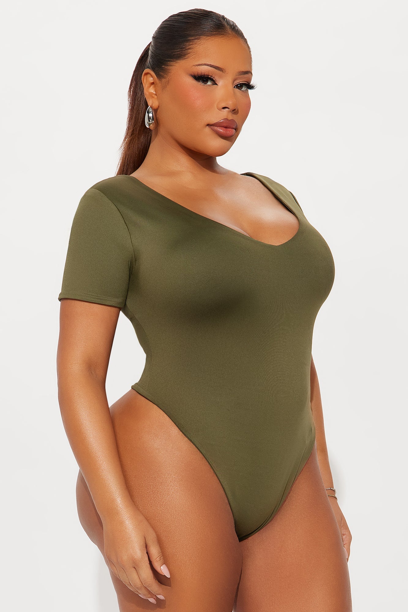 Contour Double Lined Short Sleeve High Cut Bodysuit - Military Green