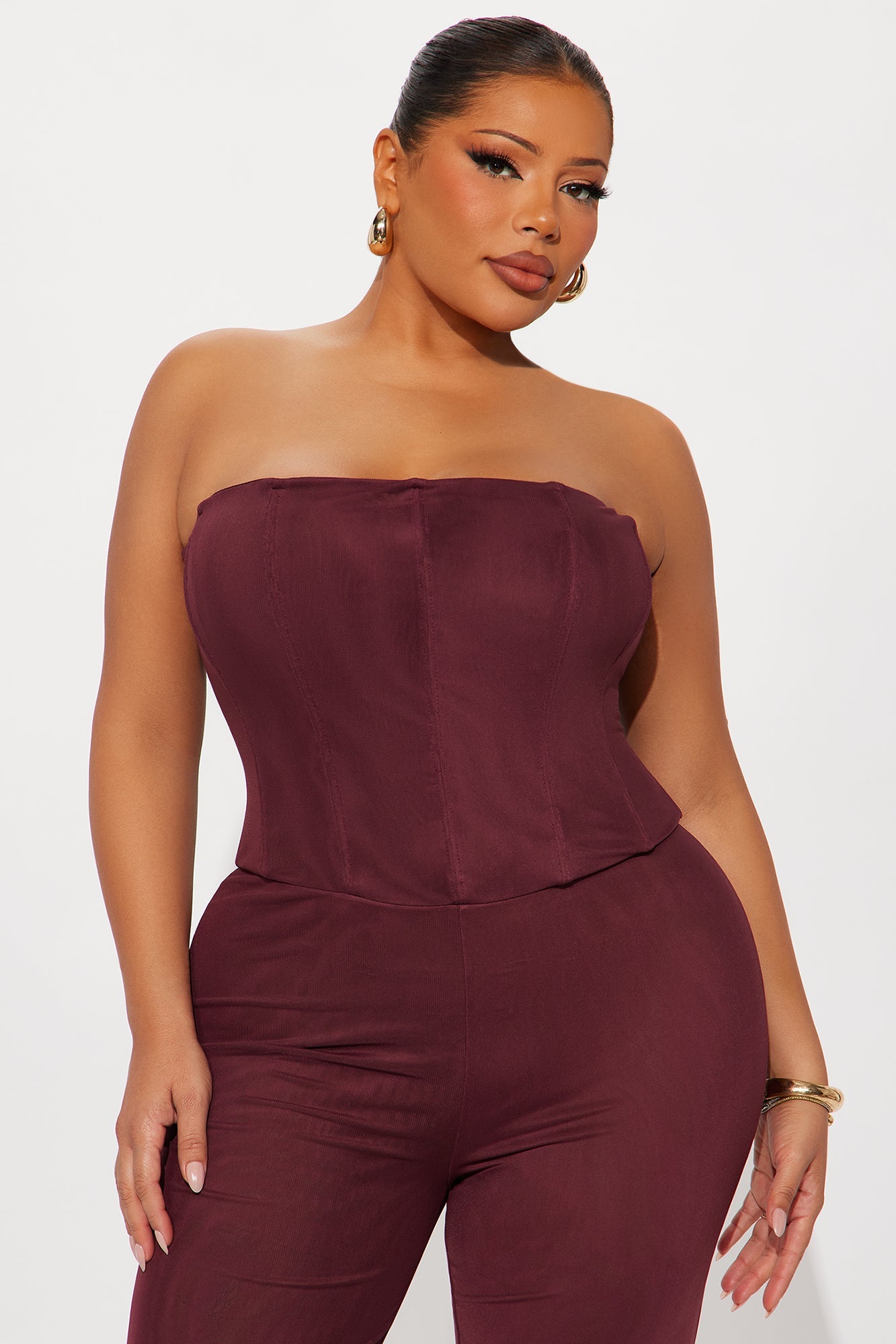 Martina Mesh Double Lined Straight Leg Jumpsuit - Burgundy
