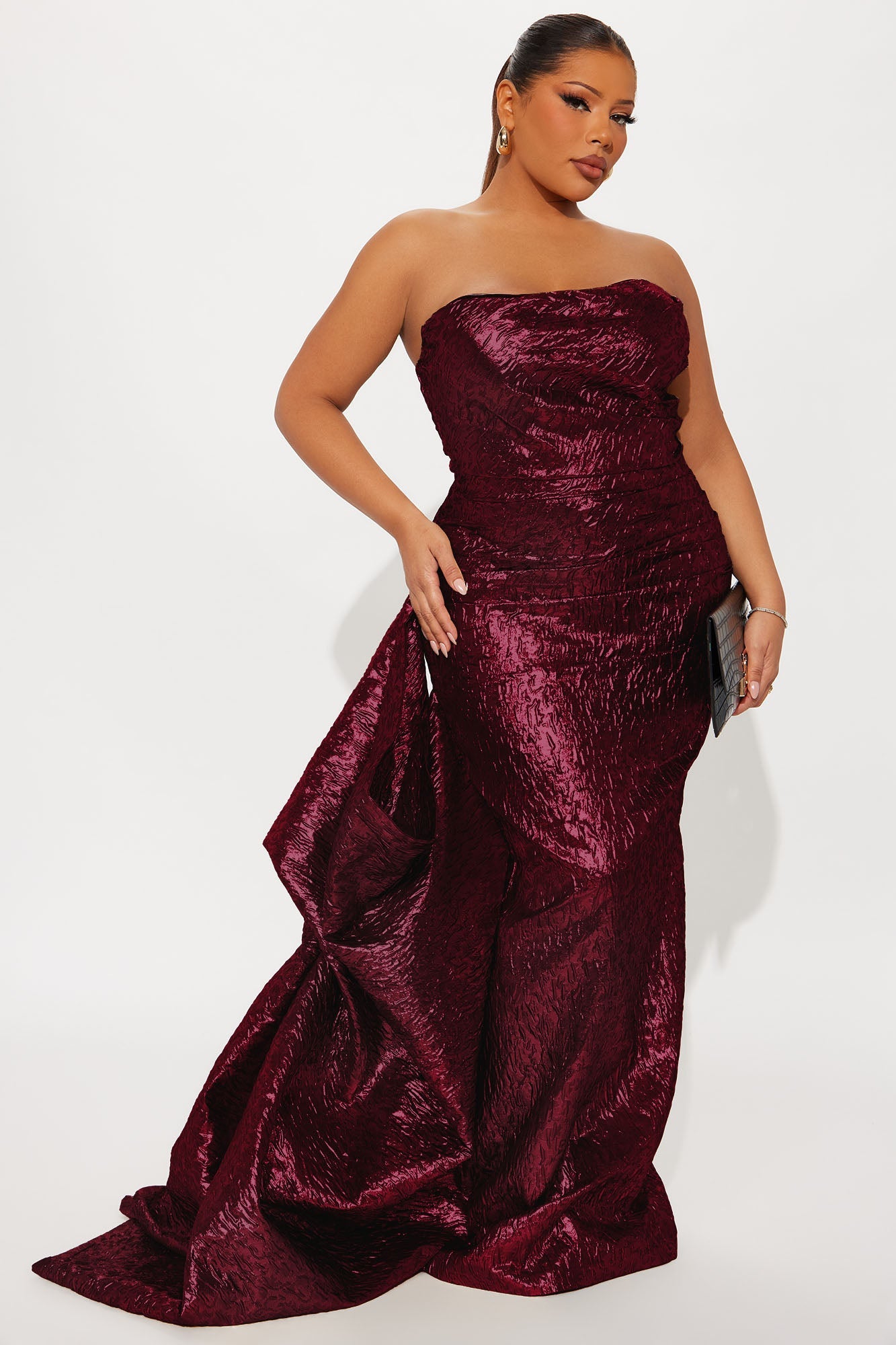 Vanya Draped Metallic Gown - Burgundy