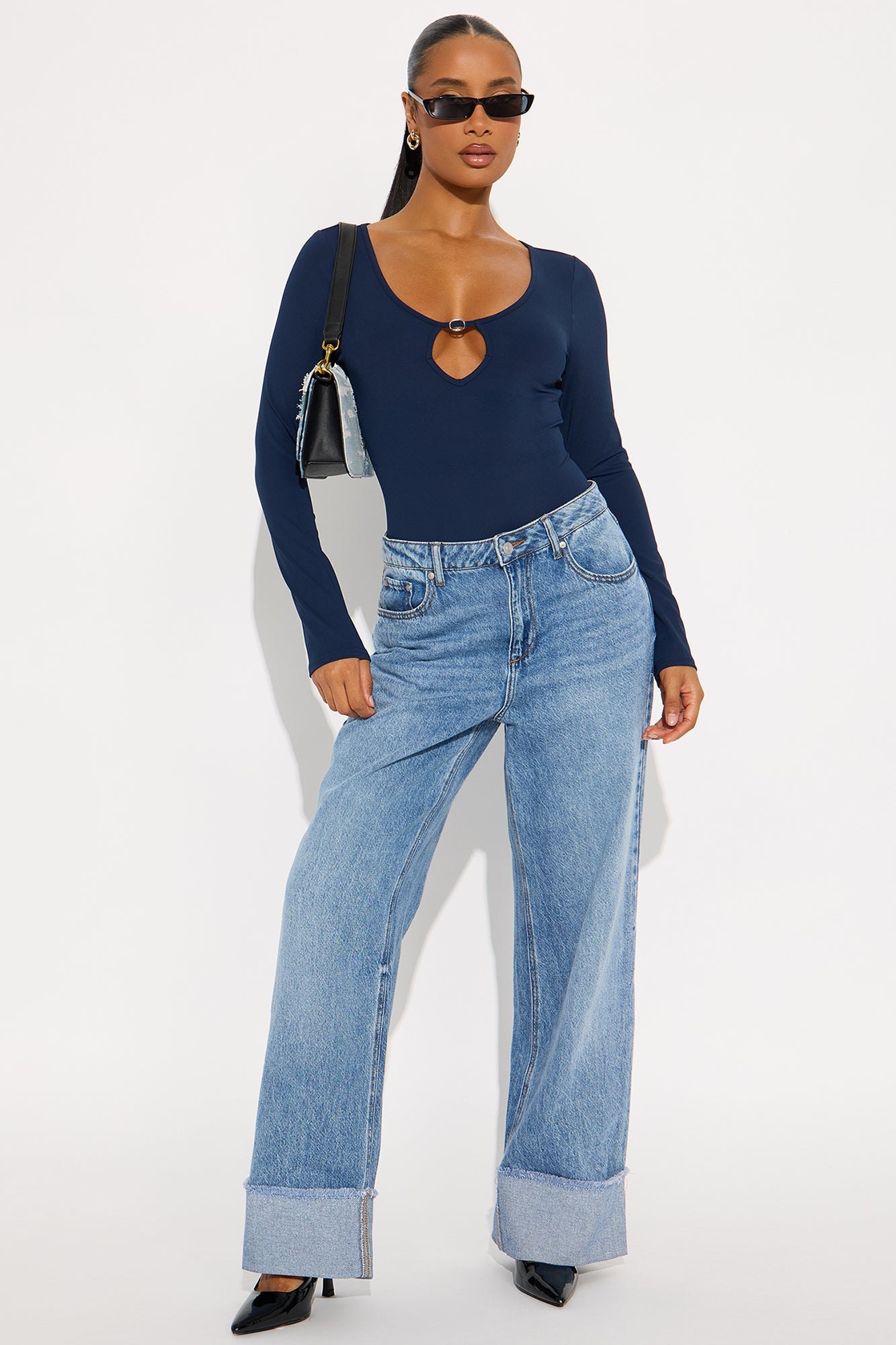 Crossed Paths Long Sleeve Bodysuit - Navy