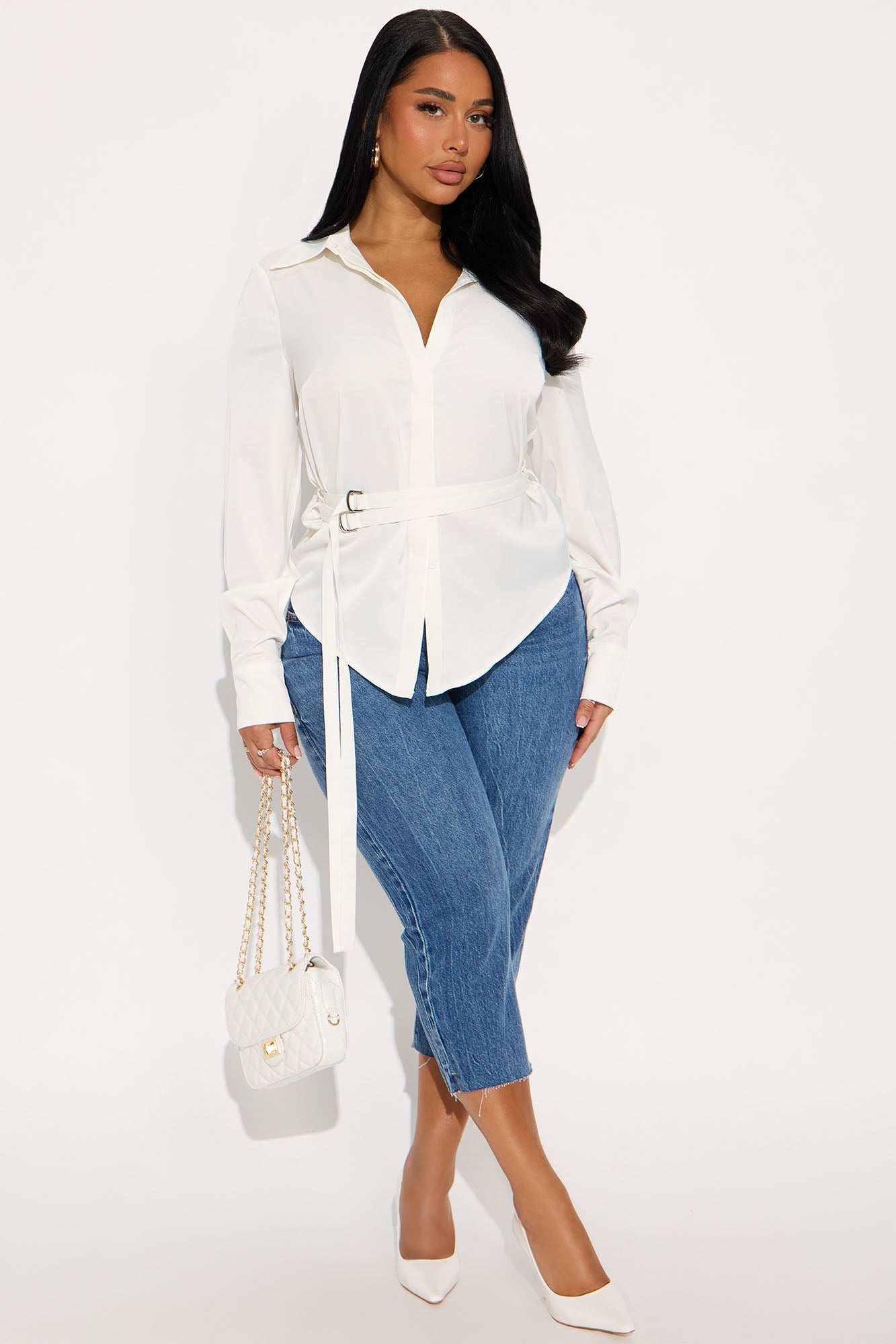 Pull It Together Belted Satin Shirt - White