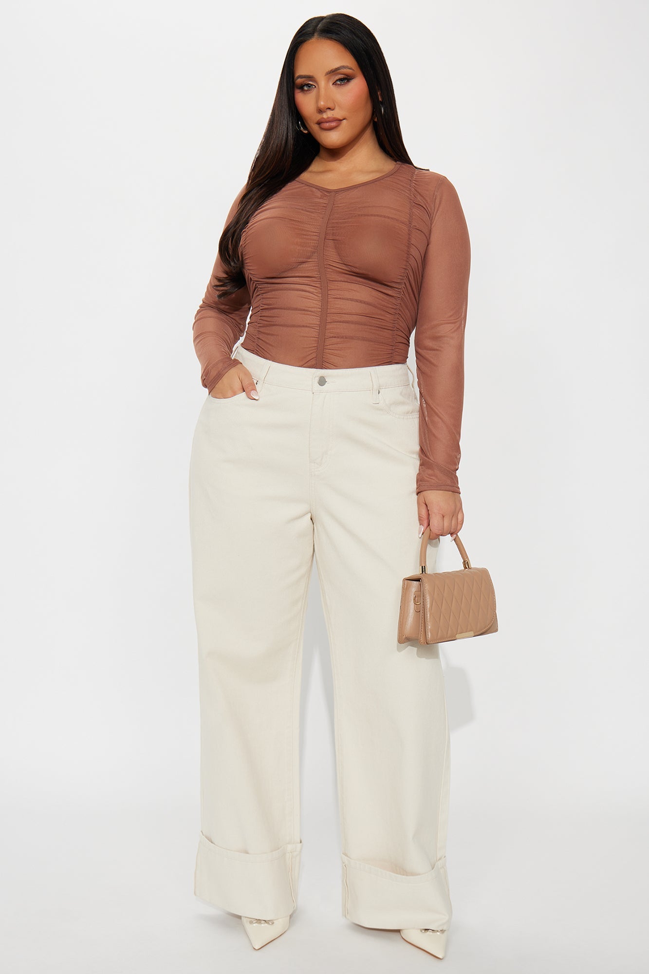 Delphine Long Sleeve Ruched Mesh Baby Tee - Mocha