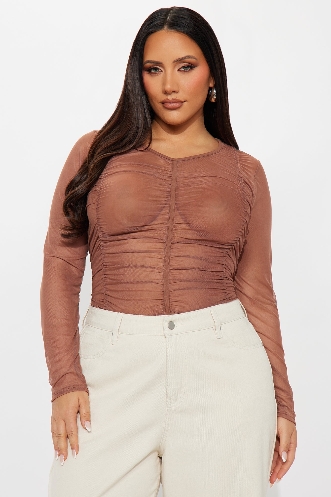 Delphine Long Sleeve Ruched Mesh Baby Tee - Mocha
