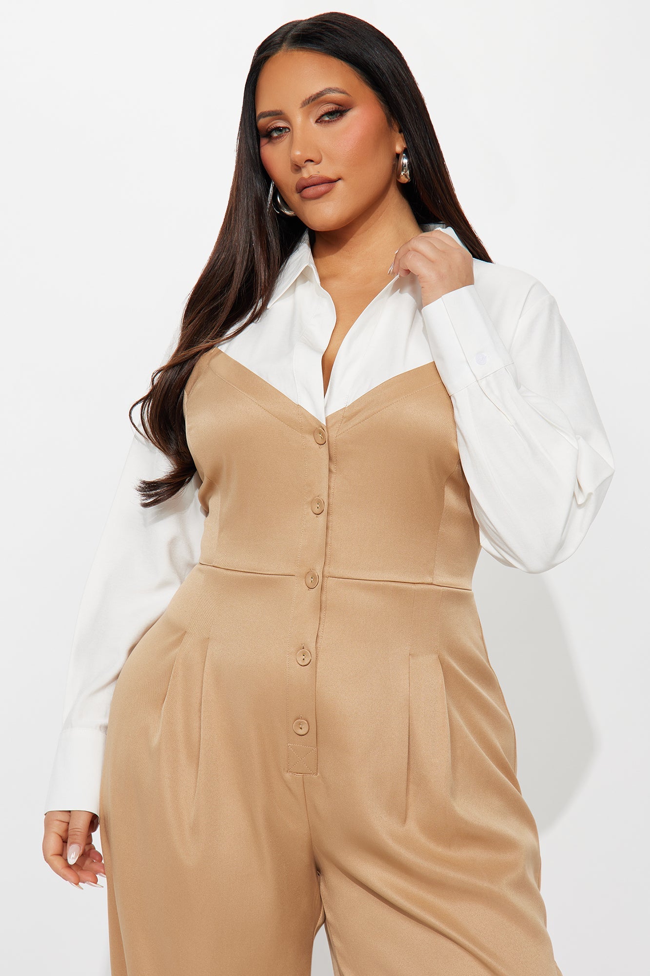 Monday Meeting Long Sleeve Jumpsuit - Tan/Multi