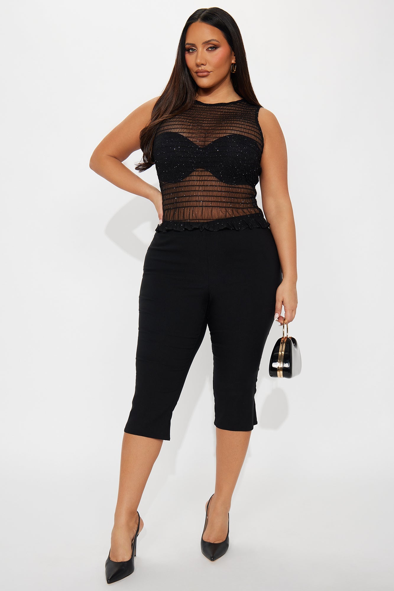 Genova Glitter Smocked Mesh Top - Black