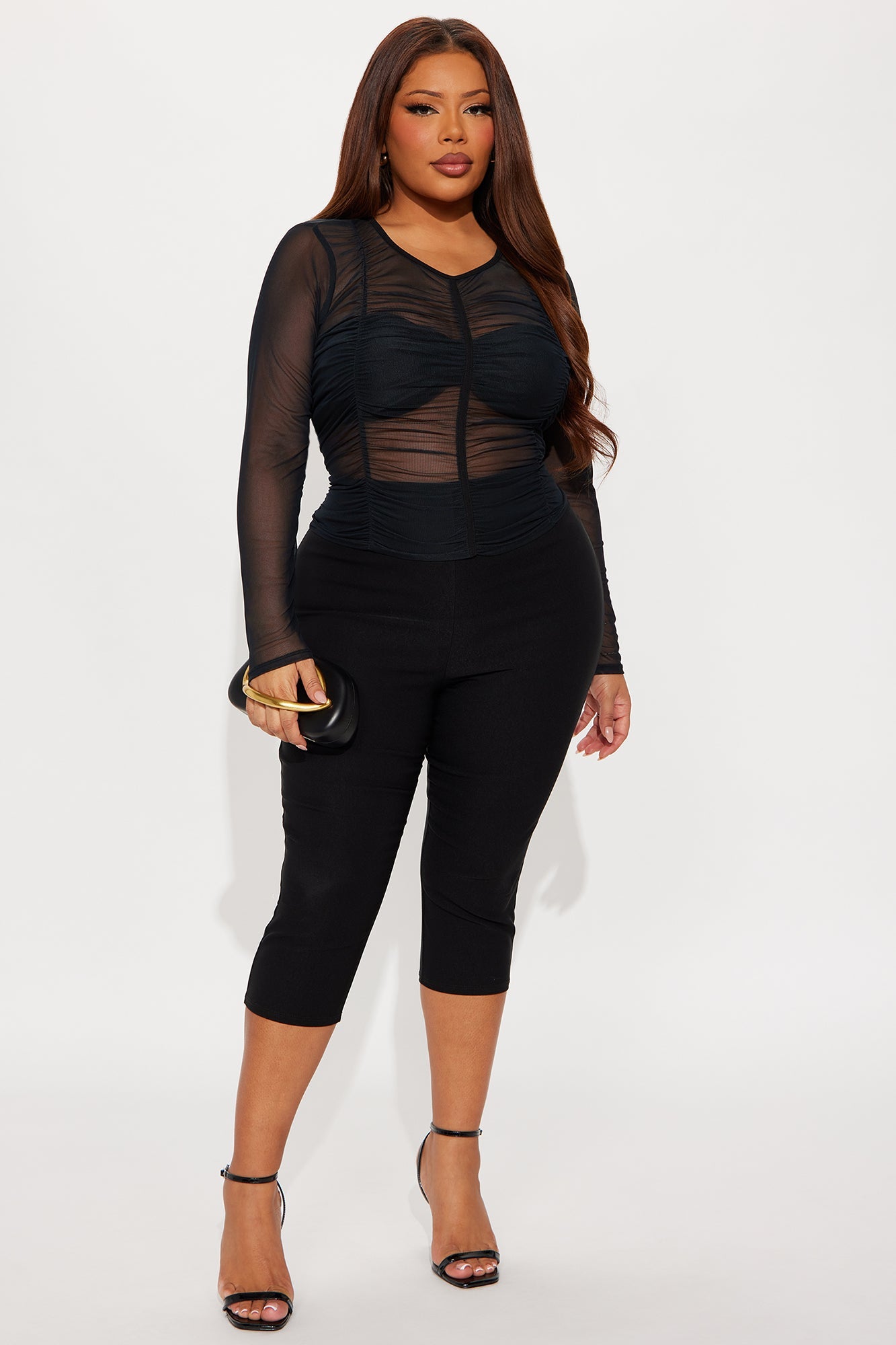 Delphine Long Sleeve Ruched Mesh Baby Tee - Black