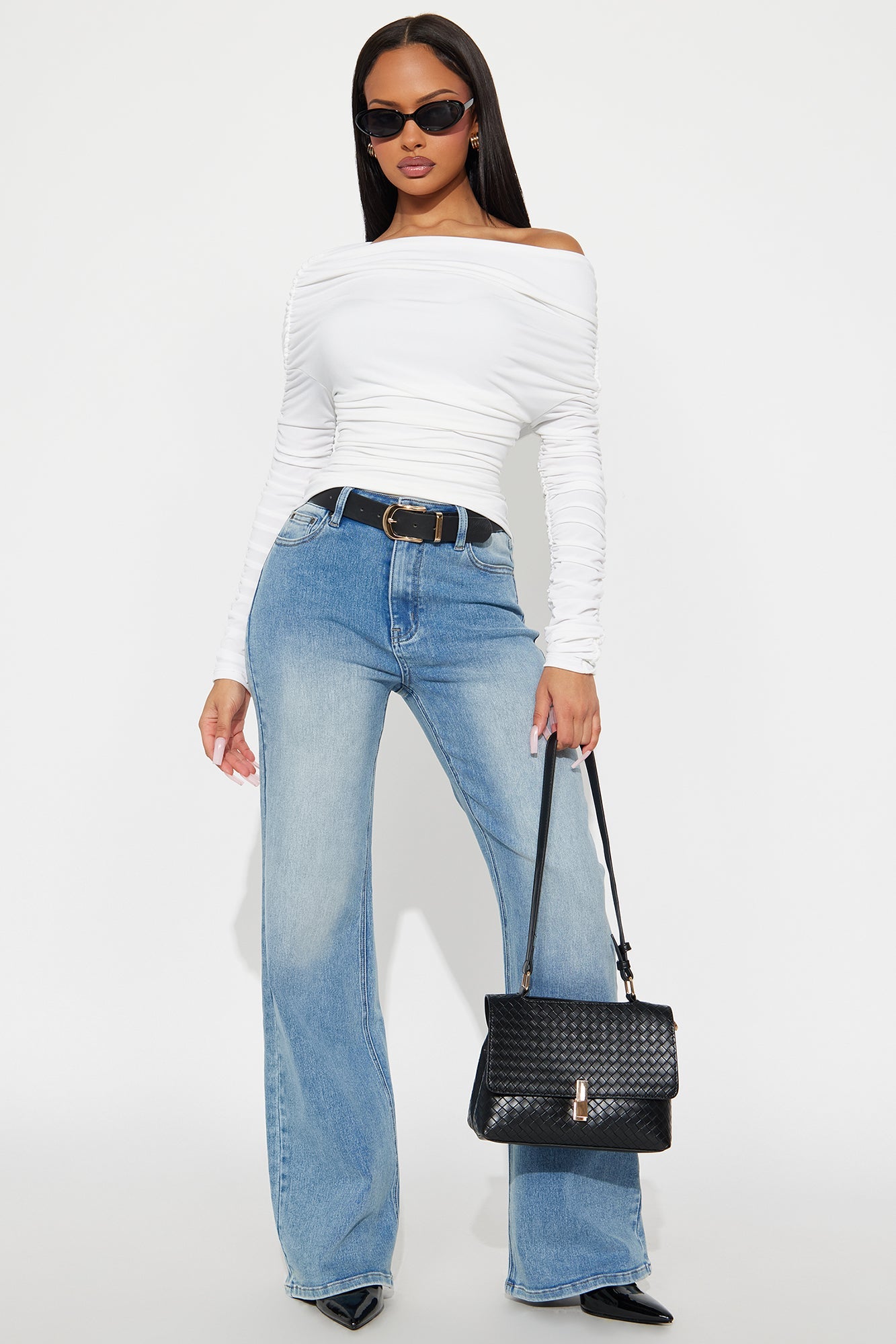 Maggie Long Sleeve Ruched Off Shoulder Top - White