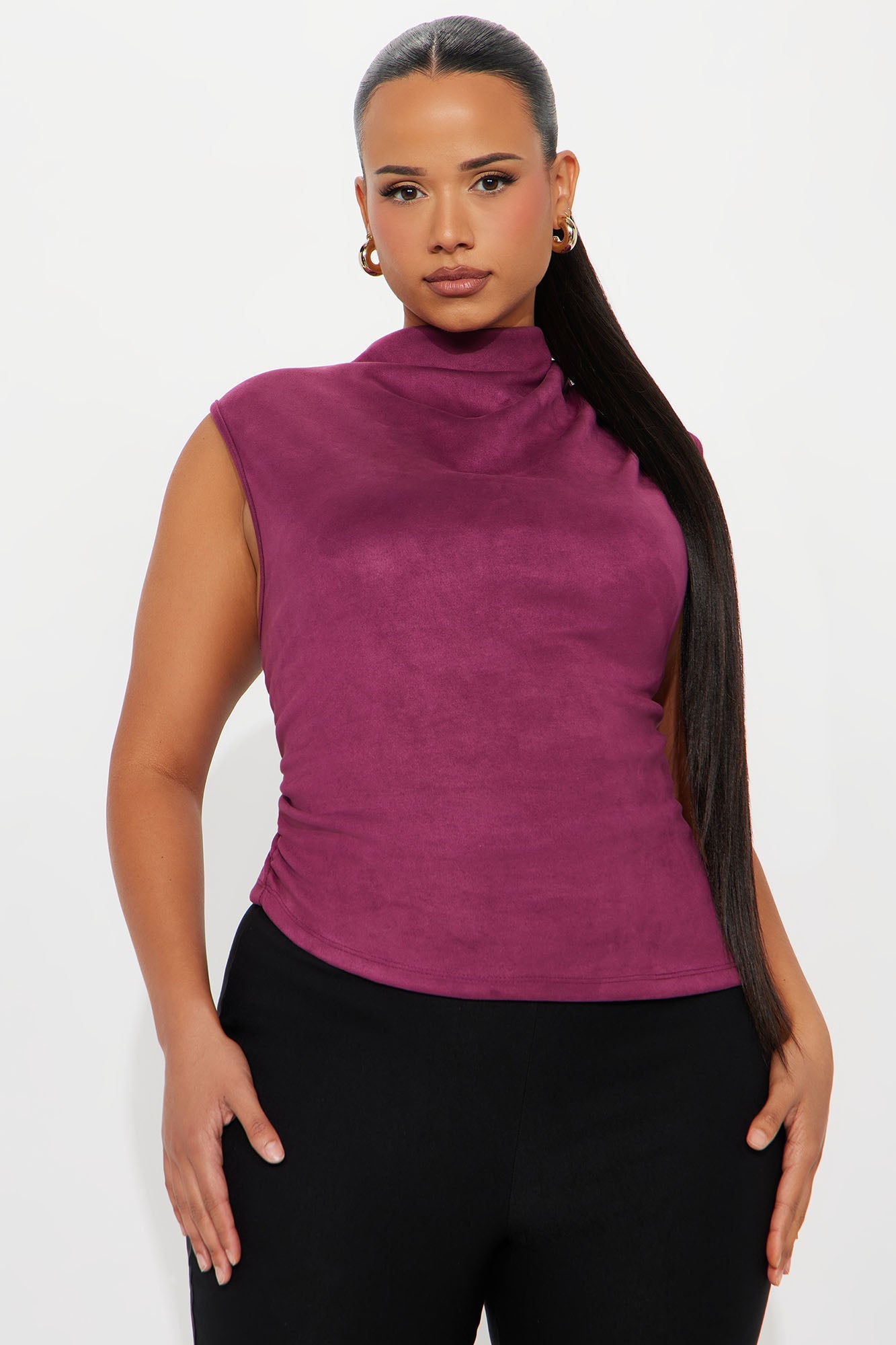 At Dusk Faux Suede Mock Neck Top - Plum