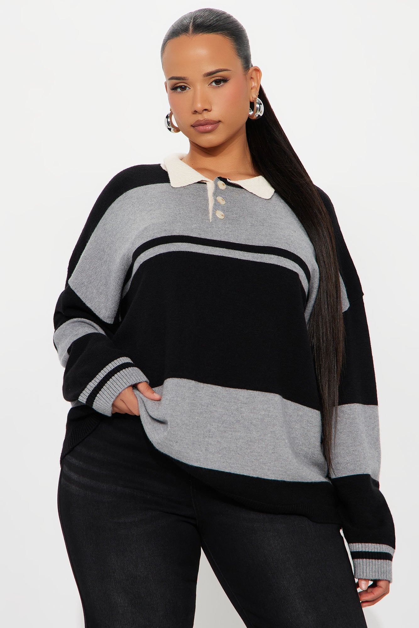 Down The Line Striped Polo Sweater - Black/Grey