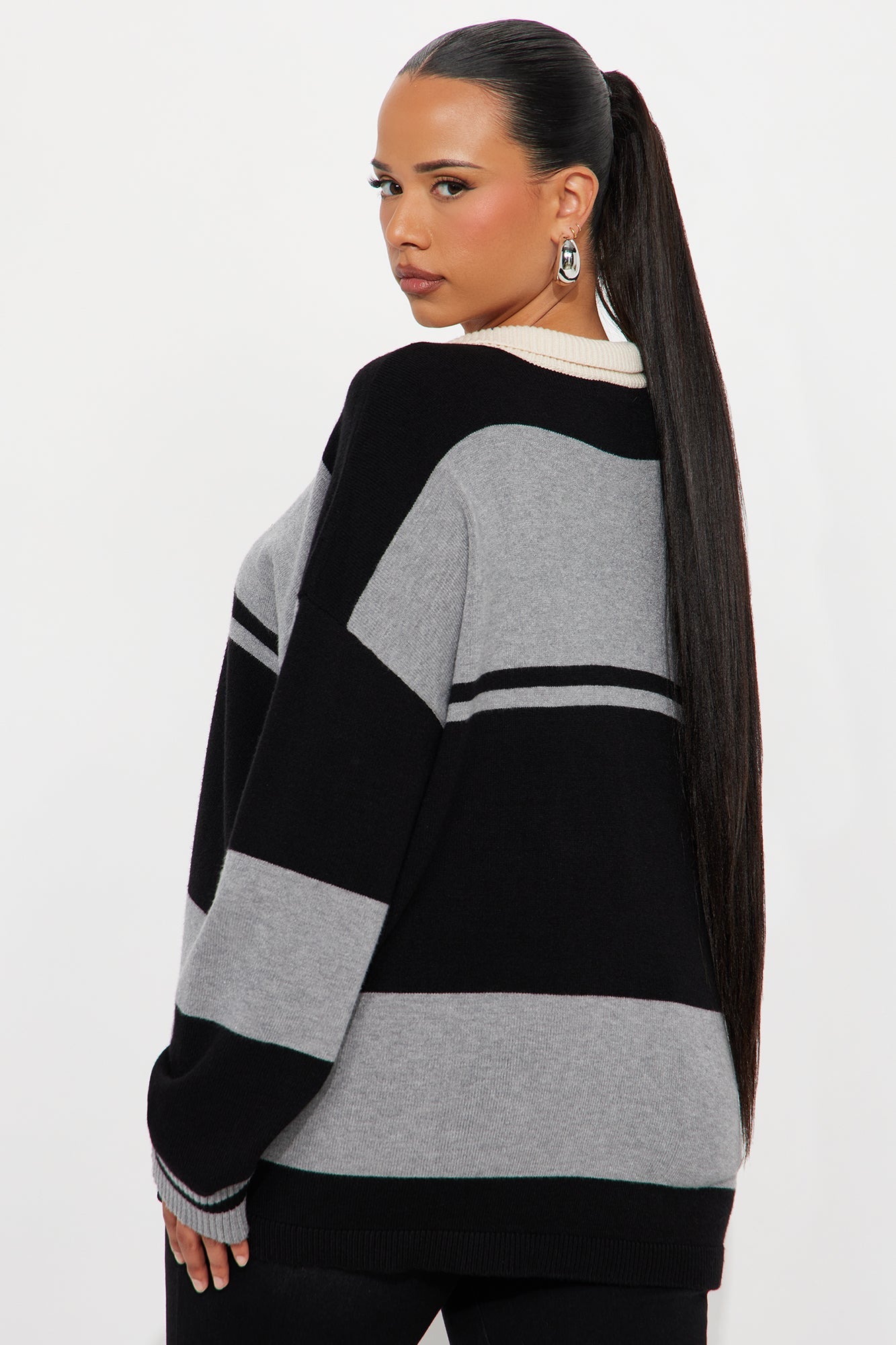Down The Line Striped Polo Sweater - Black/Grey