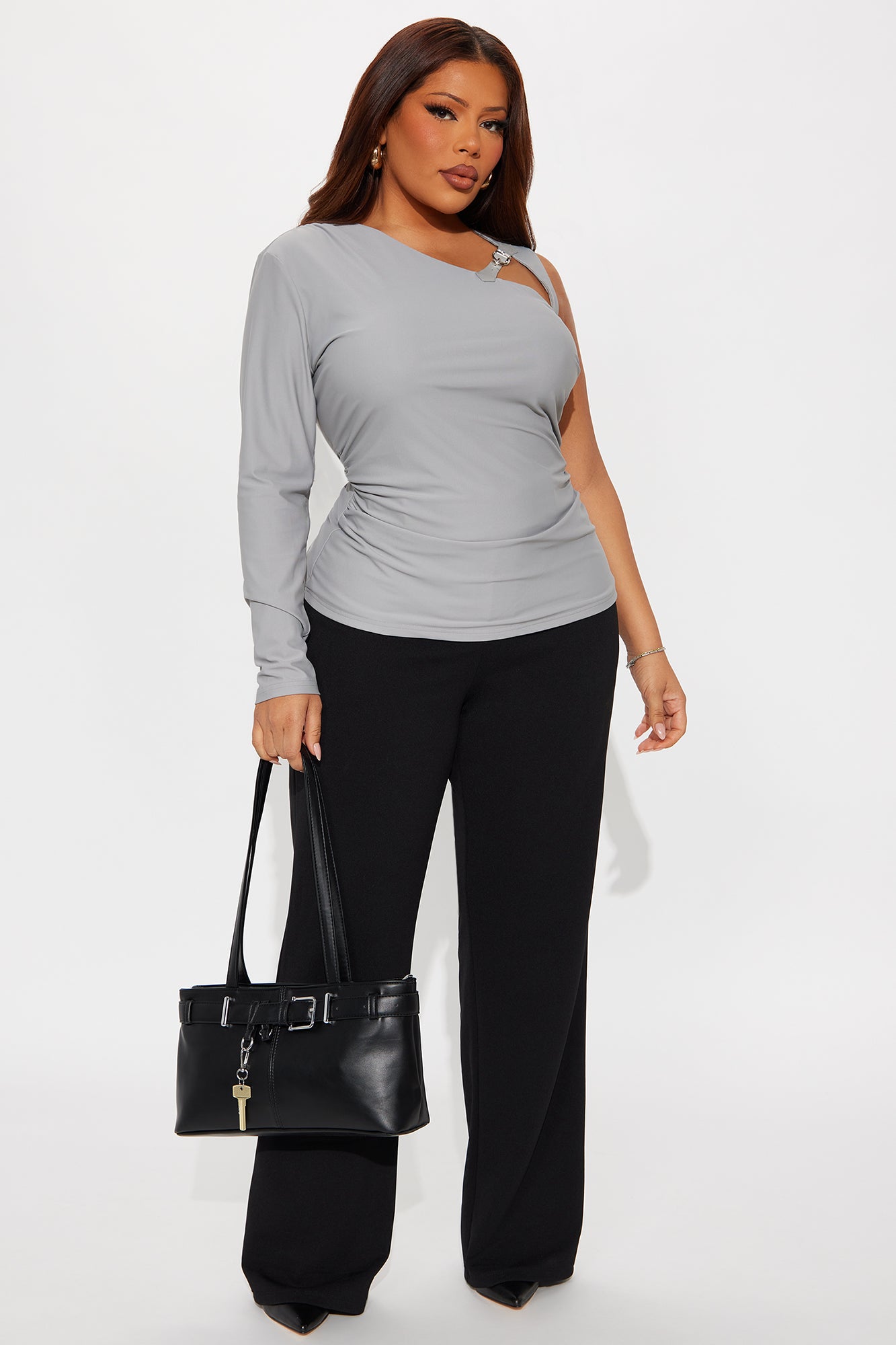 Gwen Buckle One Shoulder Top - Heather Grey