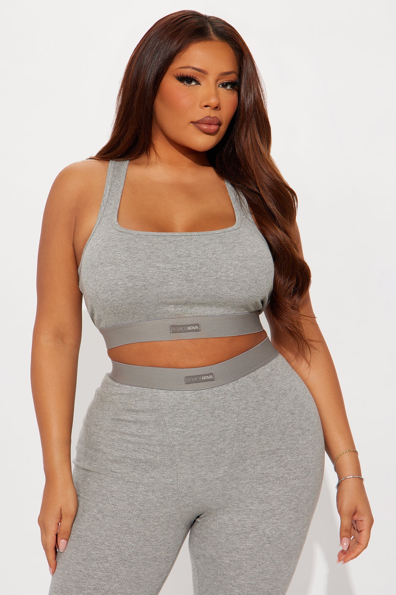 FN Mood Racerback Bra And Legging 2 Piece Ribbed Cotton Set - Heather Grey