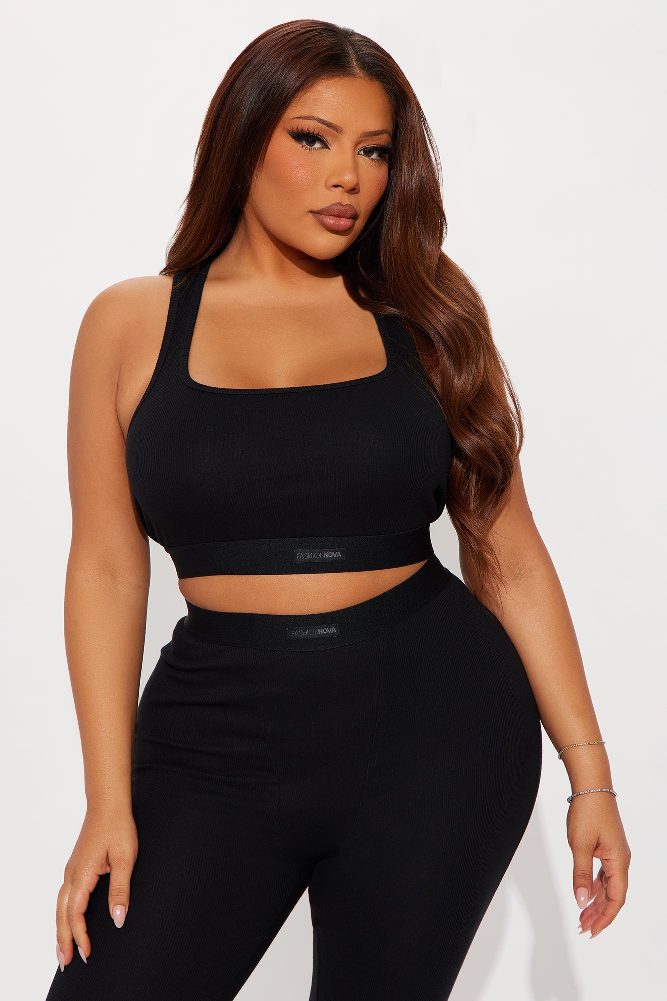 FN Mood Racerback Bra And Legging 2 Piece Ribbed Cotton Set - Black