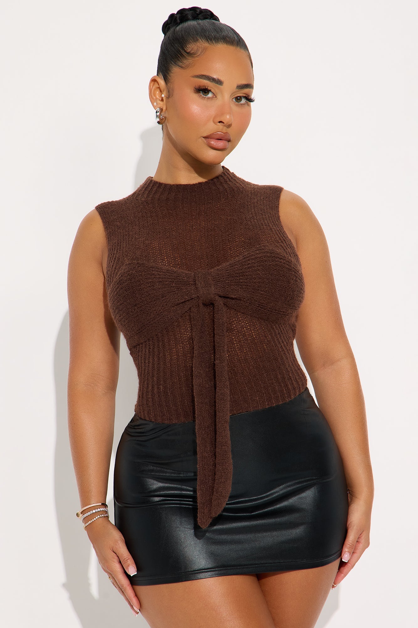 Always Yours Sleeveless Bow Sweater Top - Brown