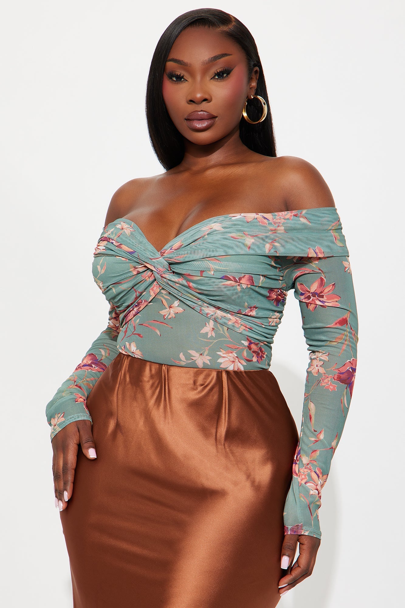 Floral Embrace Ruched Off Shoulder Bodysuit - Sage/combo