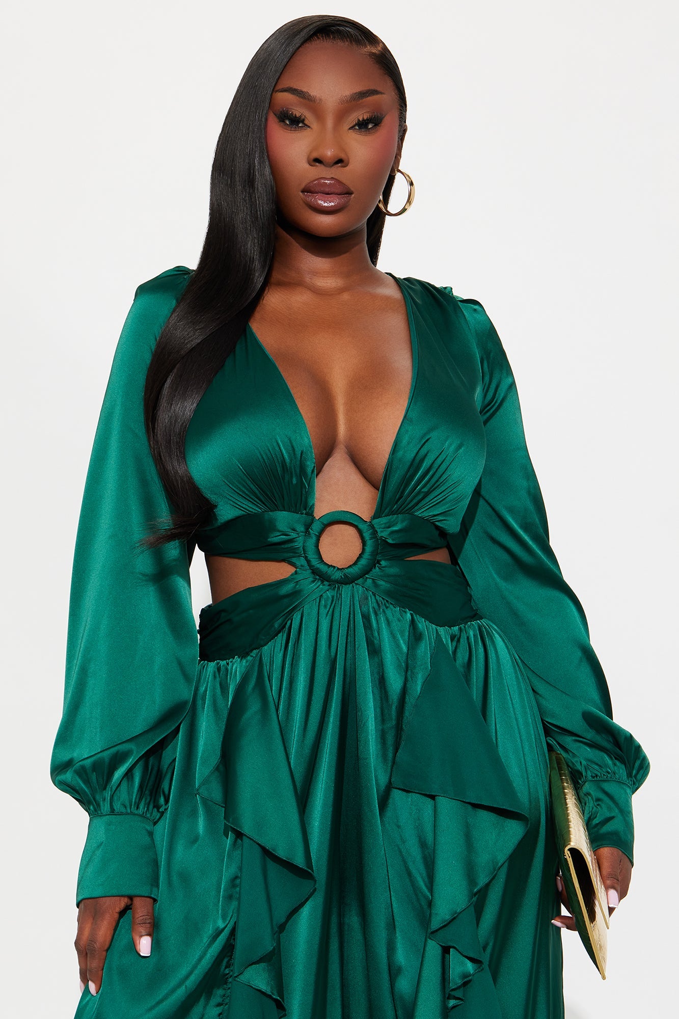Show Stopper Satin Long Sleeve Jumpsuit - Emerald