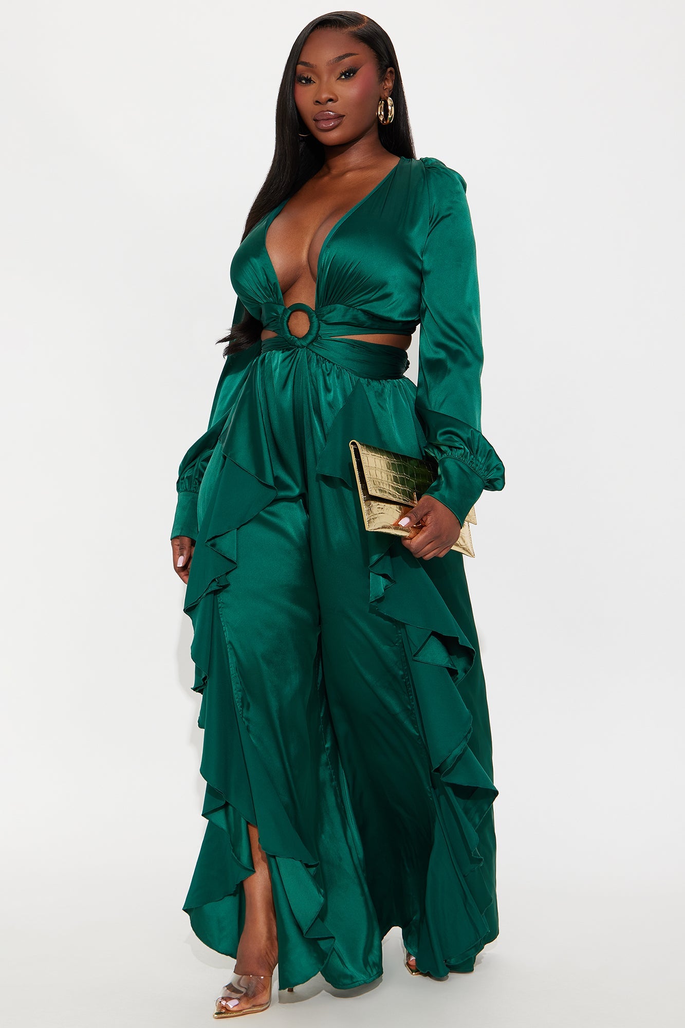Show Stopper Satin Long Sleeve Jumpsuit - Emerald