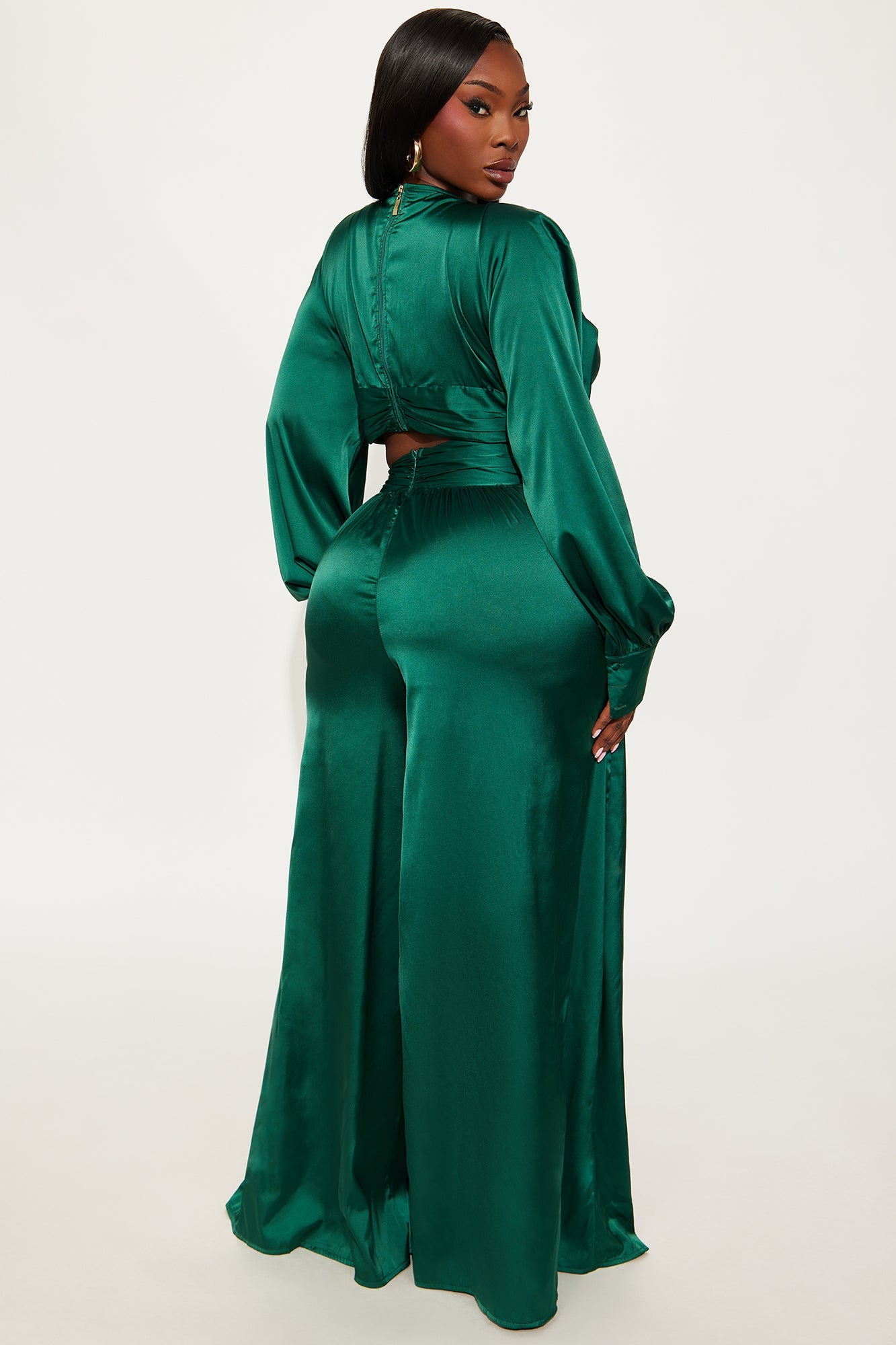 Show Stopper Satin Long Sleeve Jumpsuit - Emerald
