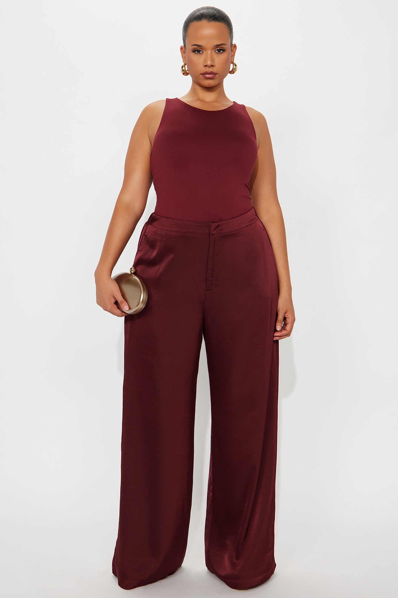 Denise Satin Wide Leg Trouser Pant - Wine