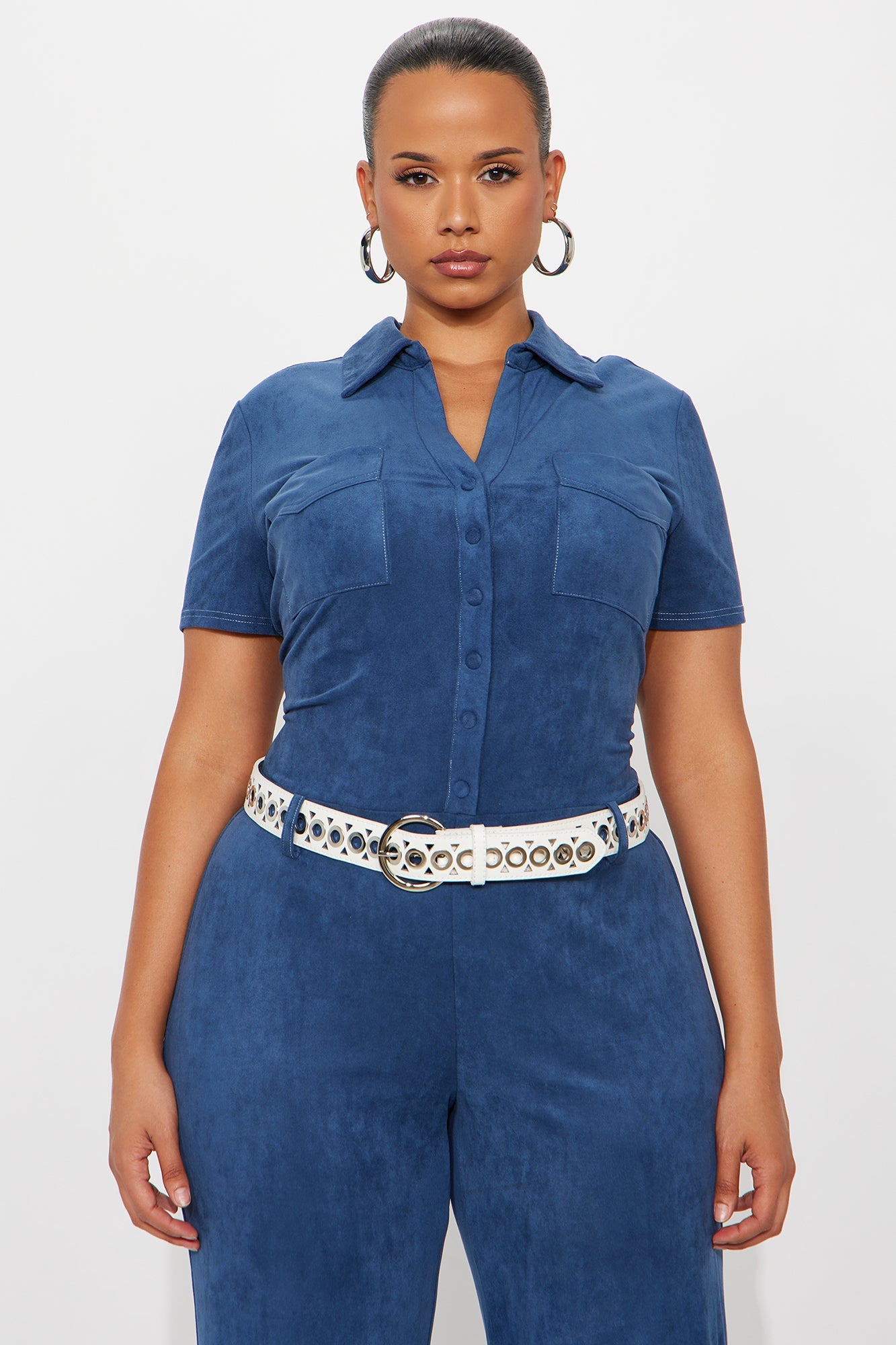 Glamour Girl Faux Suede Jumpsuit - Blue