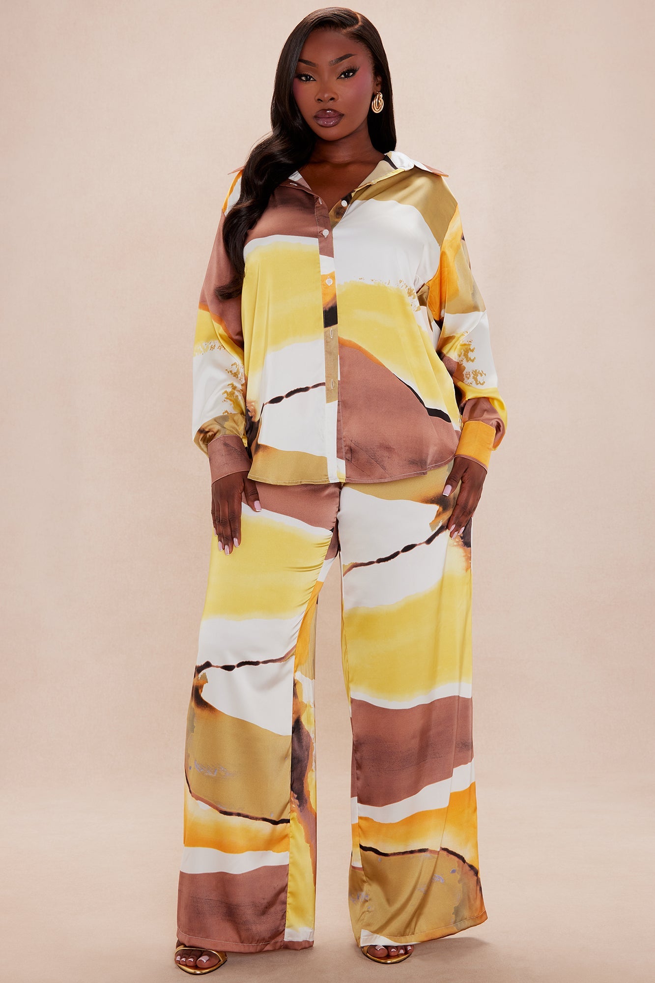Rena Satin Pant Set - Yellow/combo