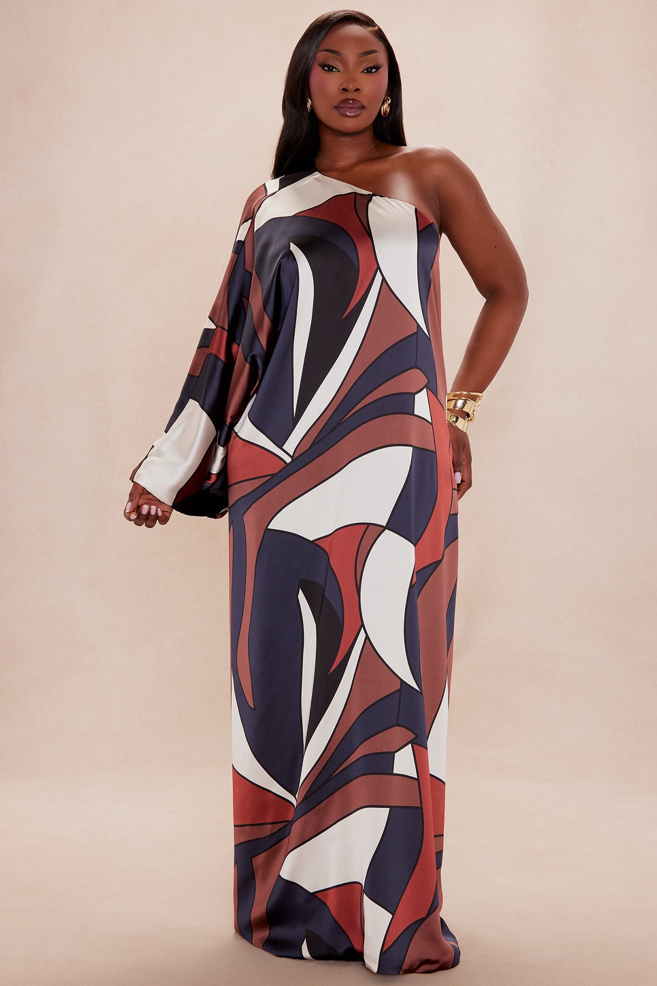 Penelope Satin Flowy Dress - Brown/combo