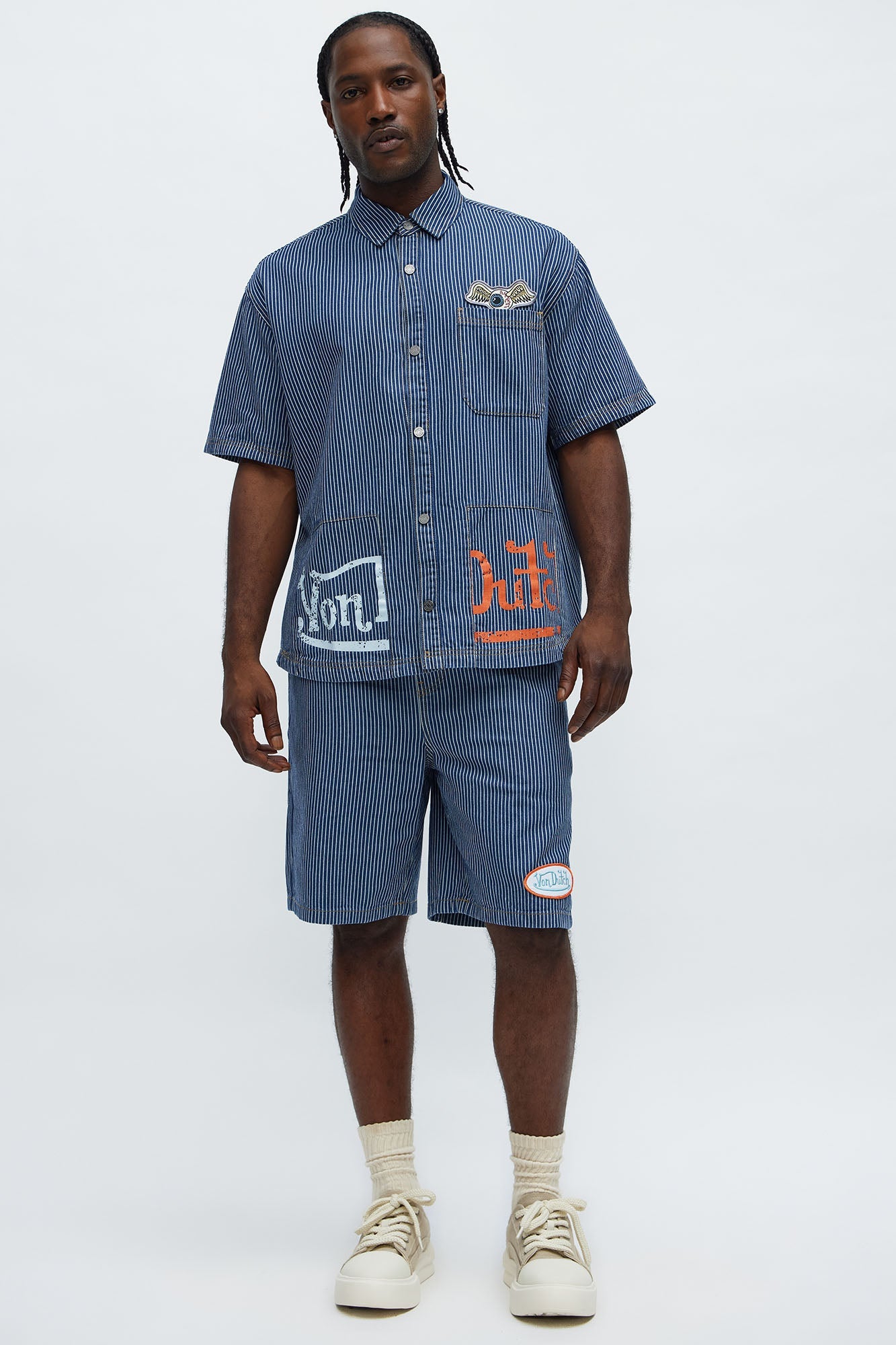 Von Dutch Railroad Scallop Hem Button Up Shirt - Blue/combo