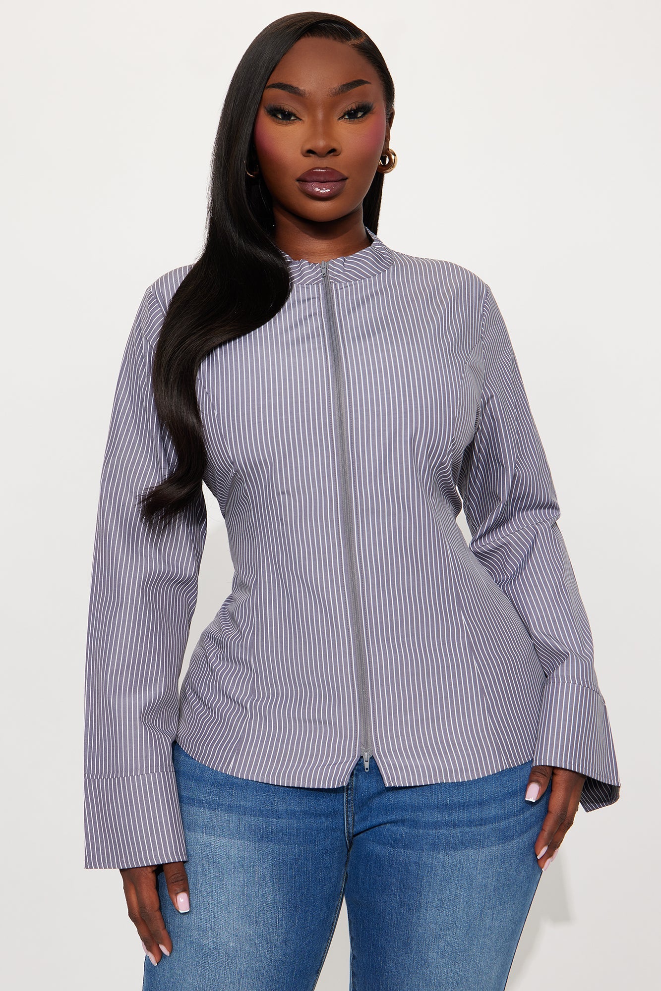 Kara Striped Poplin Zip Up Shirt - Black/White