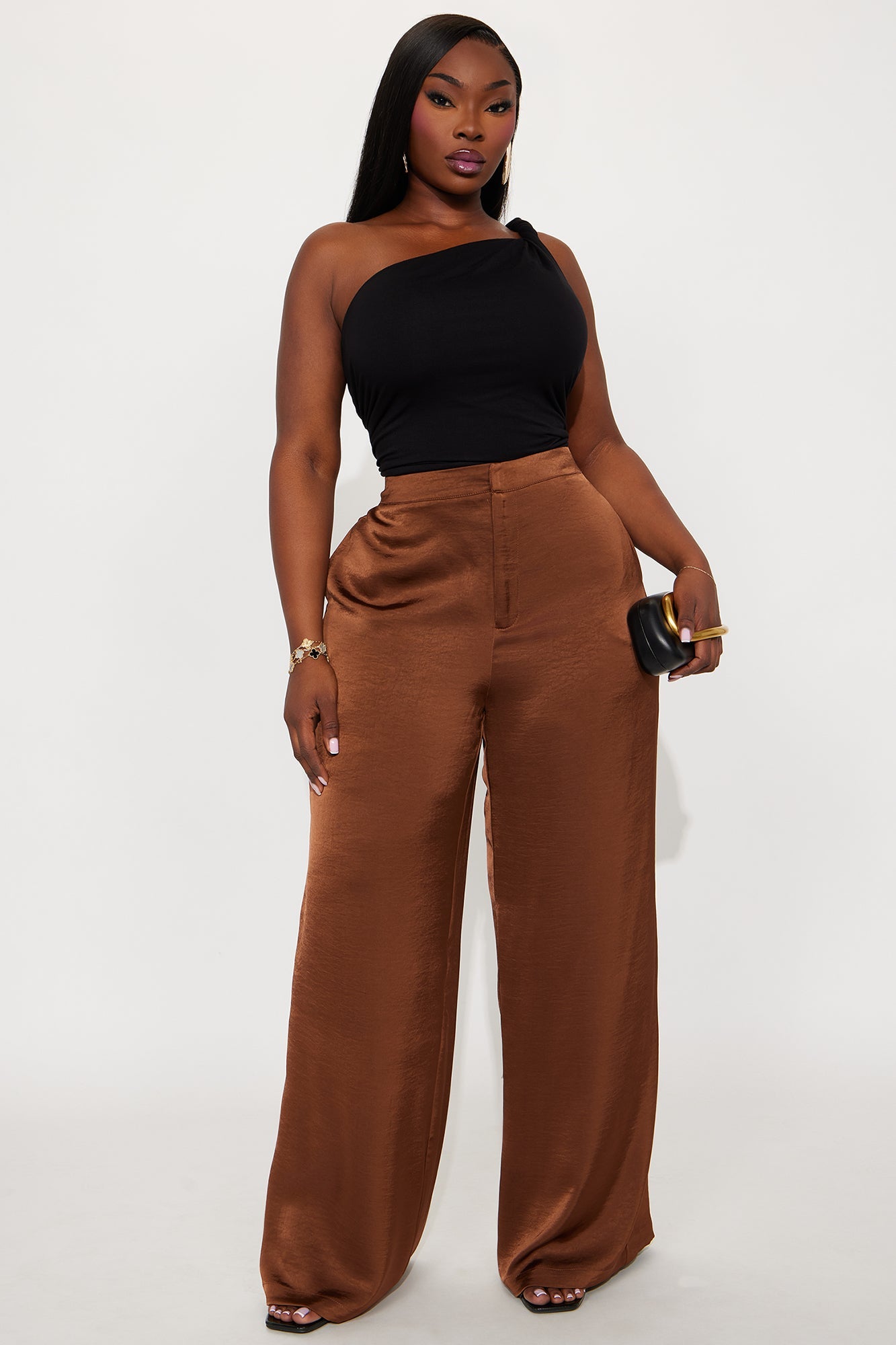 Denise Satin Wide Leg Trouser Pant - Chocolate