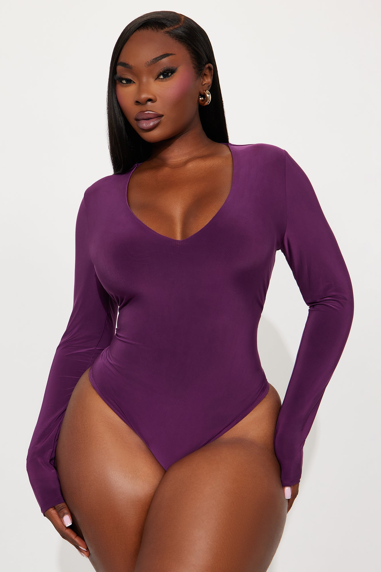 Take The Plunge Lined Long Sleeve Bodysuit - Plum