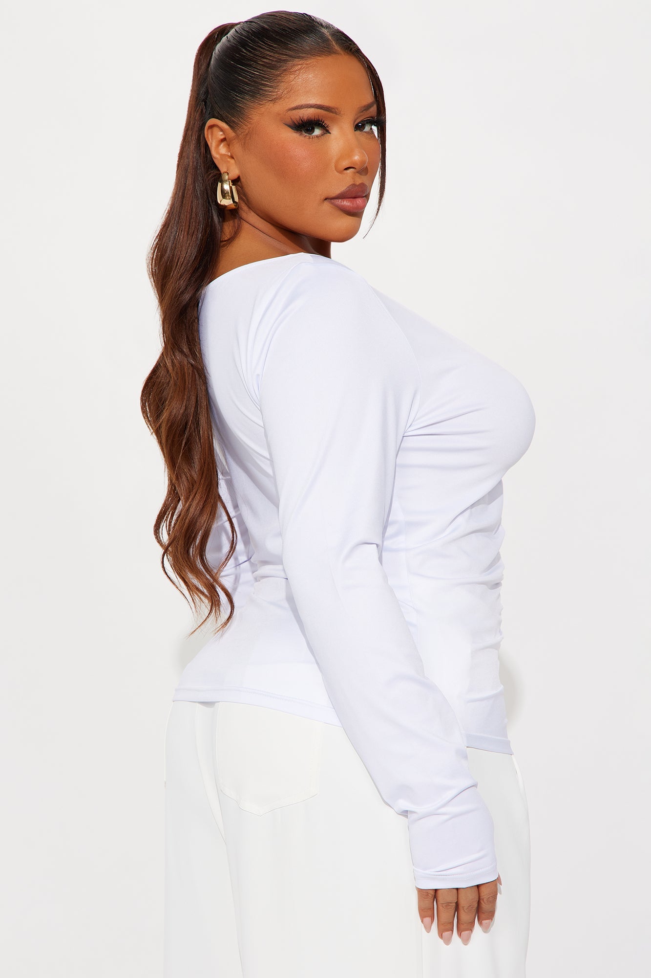 Charlee Long Sleeve Ruched Top - White