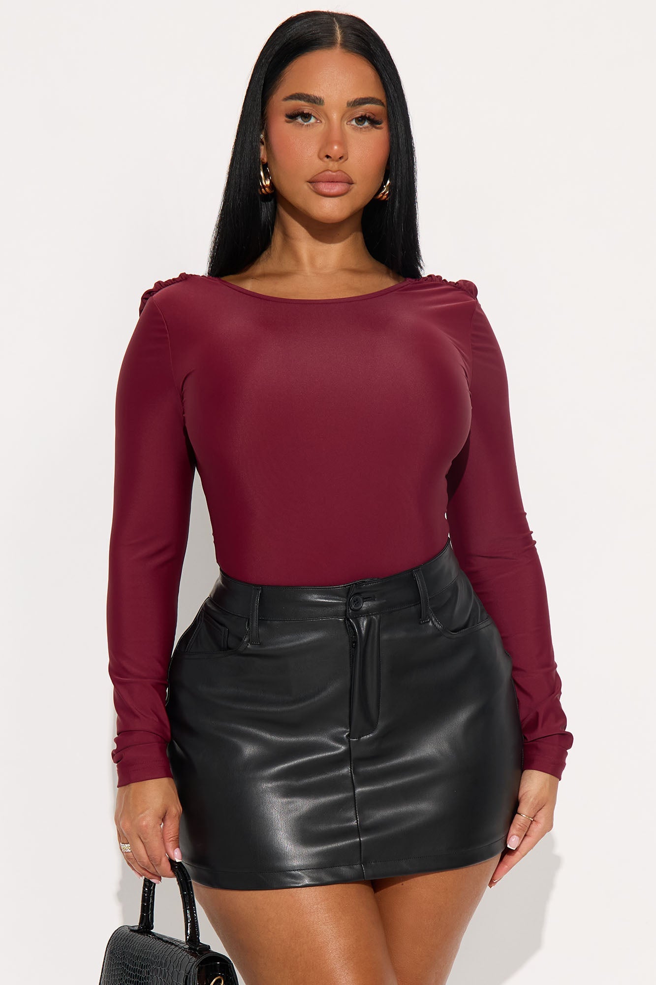 Sabrina Long Sleeve Open Bodysuit - Burgundy