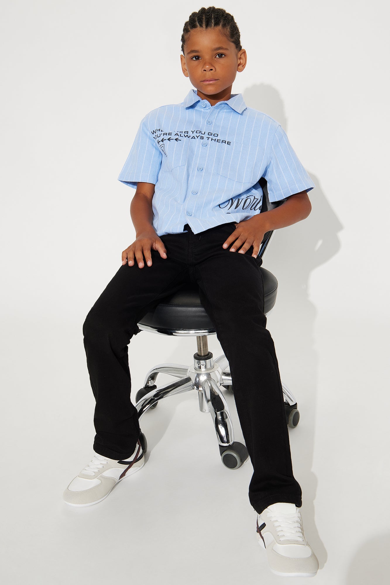 Mini Worldwide Striped Cropped Button Up Shirt - Light Blue
