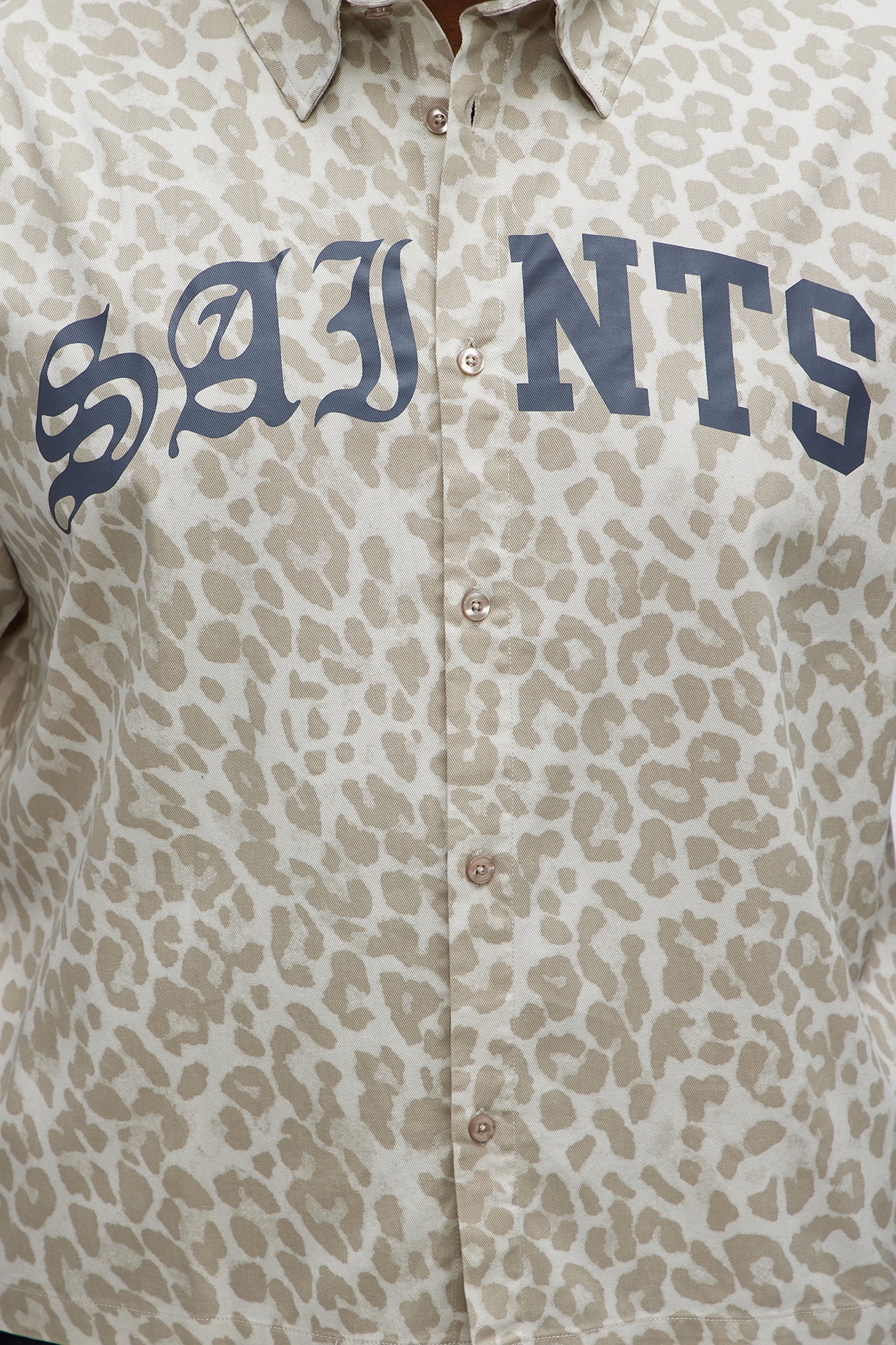 Relaxed Fit Leopard Saints Button Up Shirt - Tan/Multi