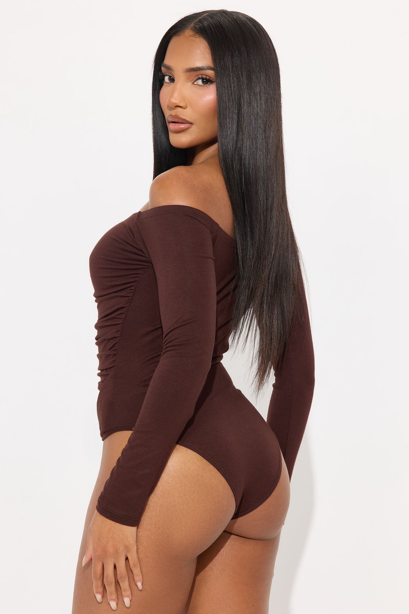 Gilda Off Shoulder Long Sleeve Bodysuit - Brown